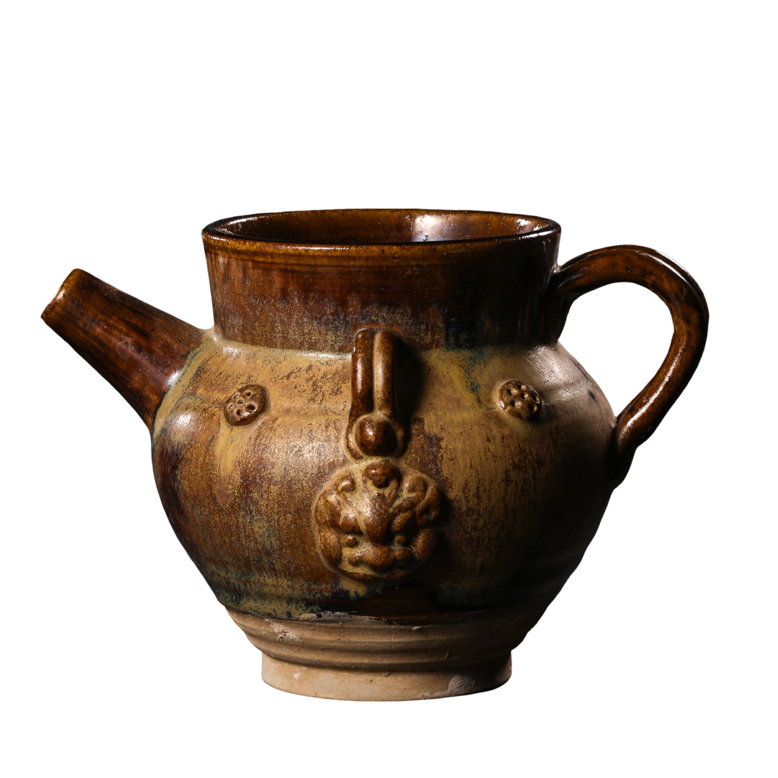 Song Dynasty Brown Glazed Molded Beast-Face and Stud Decorated Ewer (12th Century): Dimensions: Overall width 18.5 cm, height 13 cm (approx. 7.3 in × 5.1 in)?Condition & Provenance: In good overall condition, featuring natural kiln-change glaze effects, age-related surface wear, min