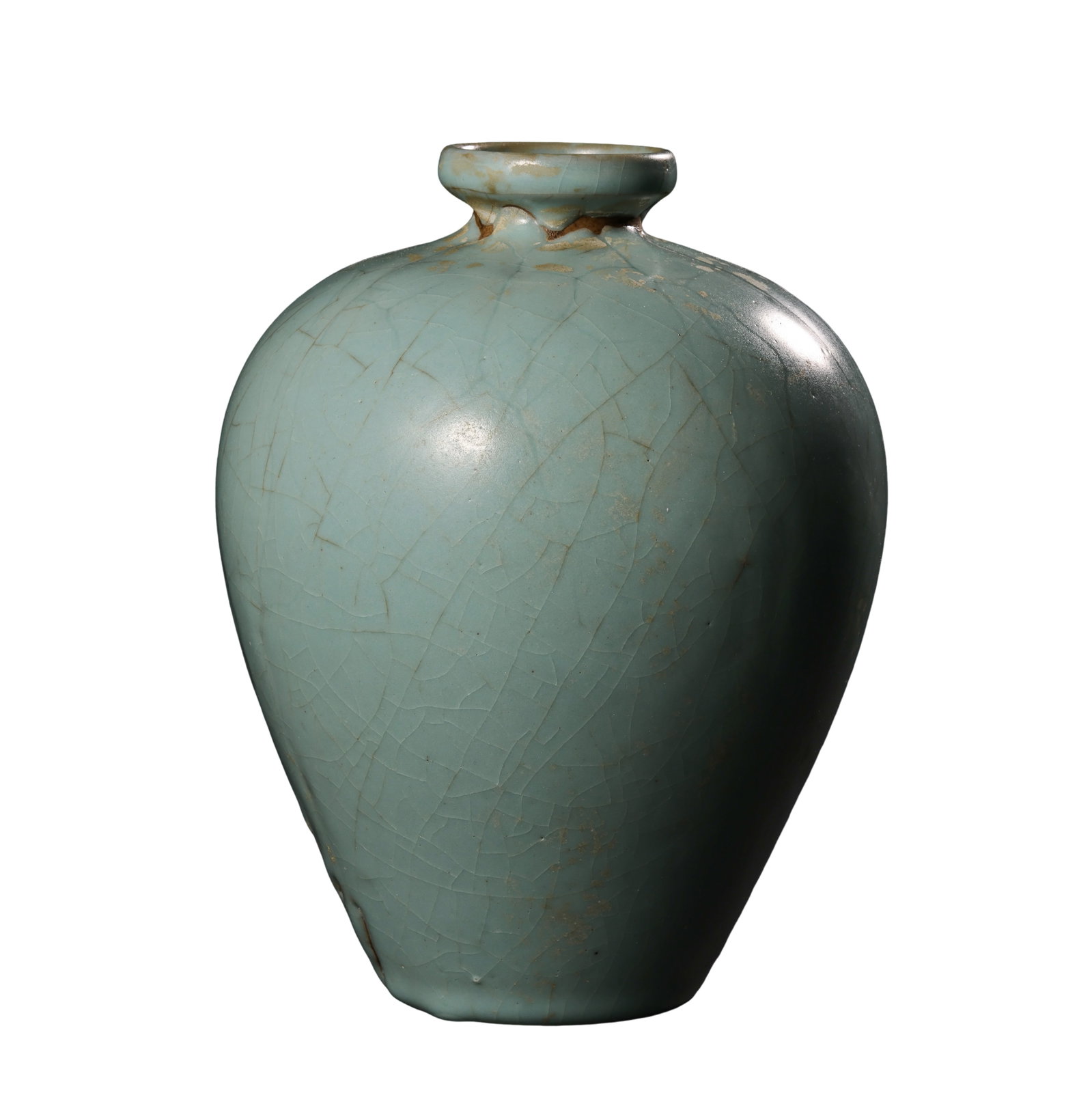Song Dynasty Celadon Glazed Crackle-Finished Meiping Vase (12th Century): Dimensions: Height 18.5 cm (approx. 7.3 in)?Condition & Provenance: In good overall condition, featuring a naturally developed crackled glaze surface with scattered age-related mineral staining and au