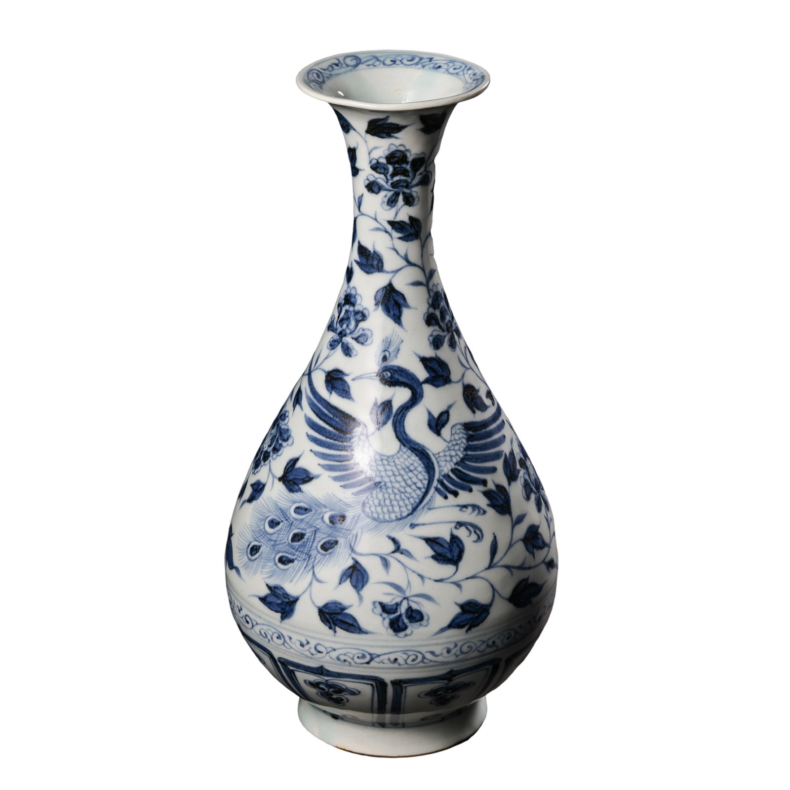 Yuan Dynasty Blue and White Peafowl and Peony Scroll Yuhuchun Vase (14th Century): Dimensions: 14th Century; Height: 30.5 cm (12.01 in / 1.00 ft)?Condition & Provenance: The vase is in good condition with a complete form, smooth bluish glaze, and naturally vibrant cobalt decoration.