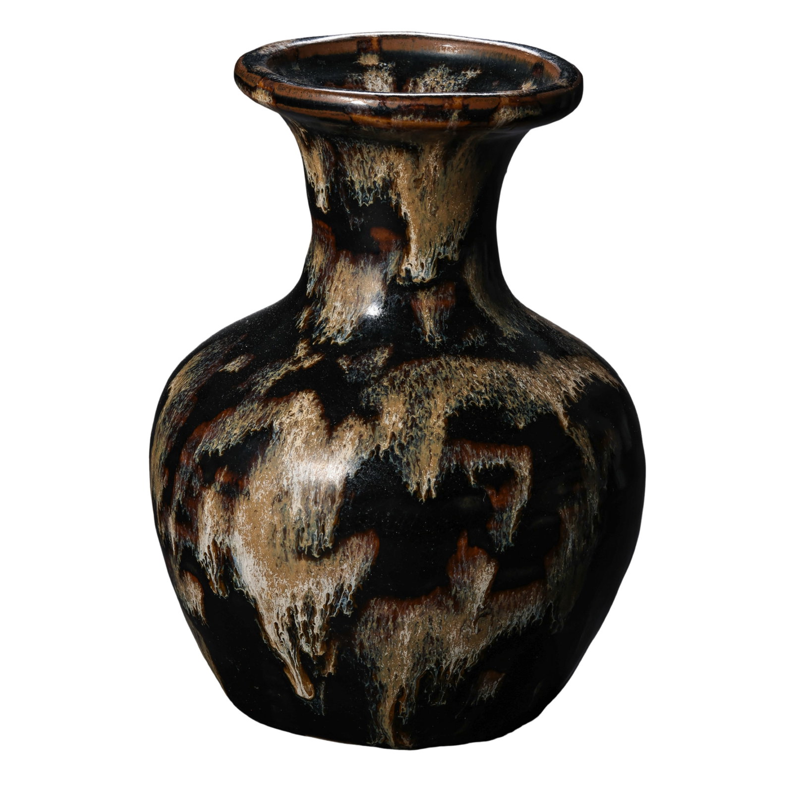 Southern Song Dynasty Jizhou Kiln Black-Glazed Splashed Decoration Bottle (12th–13th Century): Dimensions: H 13.5 cm (5.3 in; 0.44 ft), Southern Song Dynasty (12th–13th Century)?Condition & Provenance: Well preserved with natural kiln effects and age-related surface characteristics. The expos