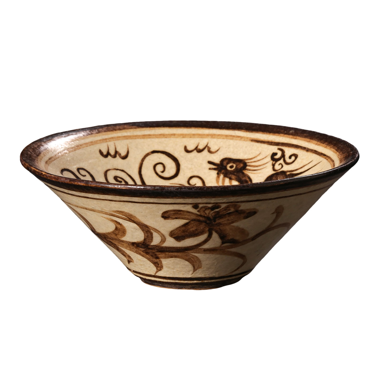Song Dynasty (12th Century) Jizhou Kiln Cream Ground with Black Painted Double Phoenix Design: Dimensions: Diameter 11.8 cm (4.65 in), Height 4.6 cm (1.81 in), Song Dynasty, 12th century?Condition & Provenance: Very good overall condition with a well-preserved original form. The surface display