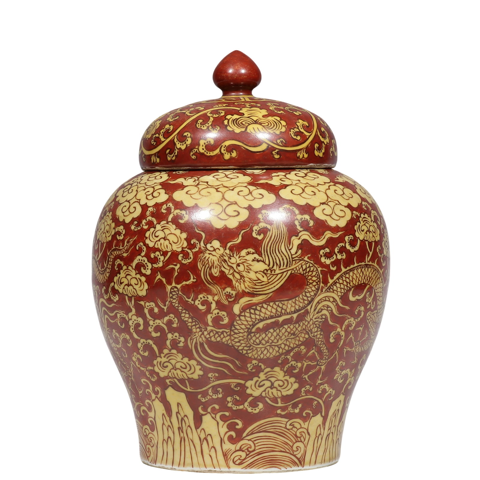 Ming Jiajing Period Red?Ground Yellow?Glazed Covered Jar with Dragon, Cloud and Sea?Wave: Dimensions?H.26cm Condition & Provenance?The jar is complete with original cover, no cracks or chips. Natural aged patina on glaze surface, well?preserved coloured enamels. Old soil patina on unglazed