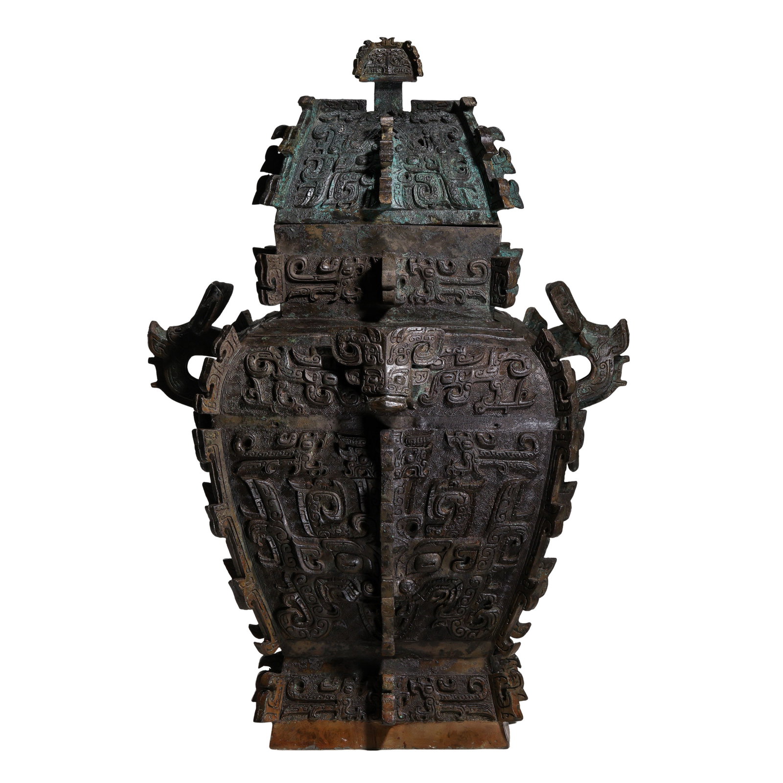 Late Shang Dynasty Bronze Fang Lei Ritual Wine Vessel with Taotie Motif, circa 13th–11th century: Dimensions: Late Shang Dynasty (13th–11th century BCE), H. 66 cm (25.98 in, 2.17 ft); W. 45 cm (17.72 in, 1.48 ft); Body width 40 cm (15.75 in, 1.31 ft); Weight 30.6 kg (67.46 lb)?Condition & Proven