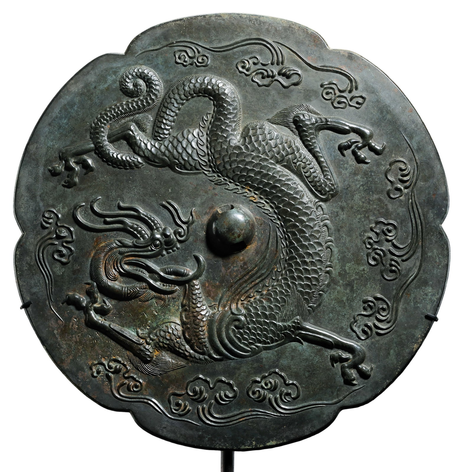 ang Dynasty Large Kuihua-Shaped Bronze Mirror with Cloud Dragon Design (618–907 CE) (1 of 12)