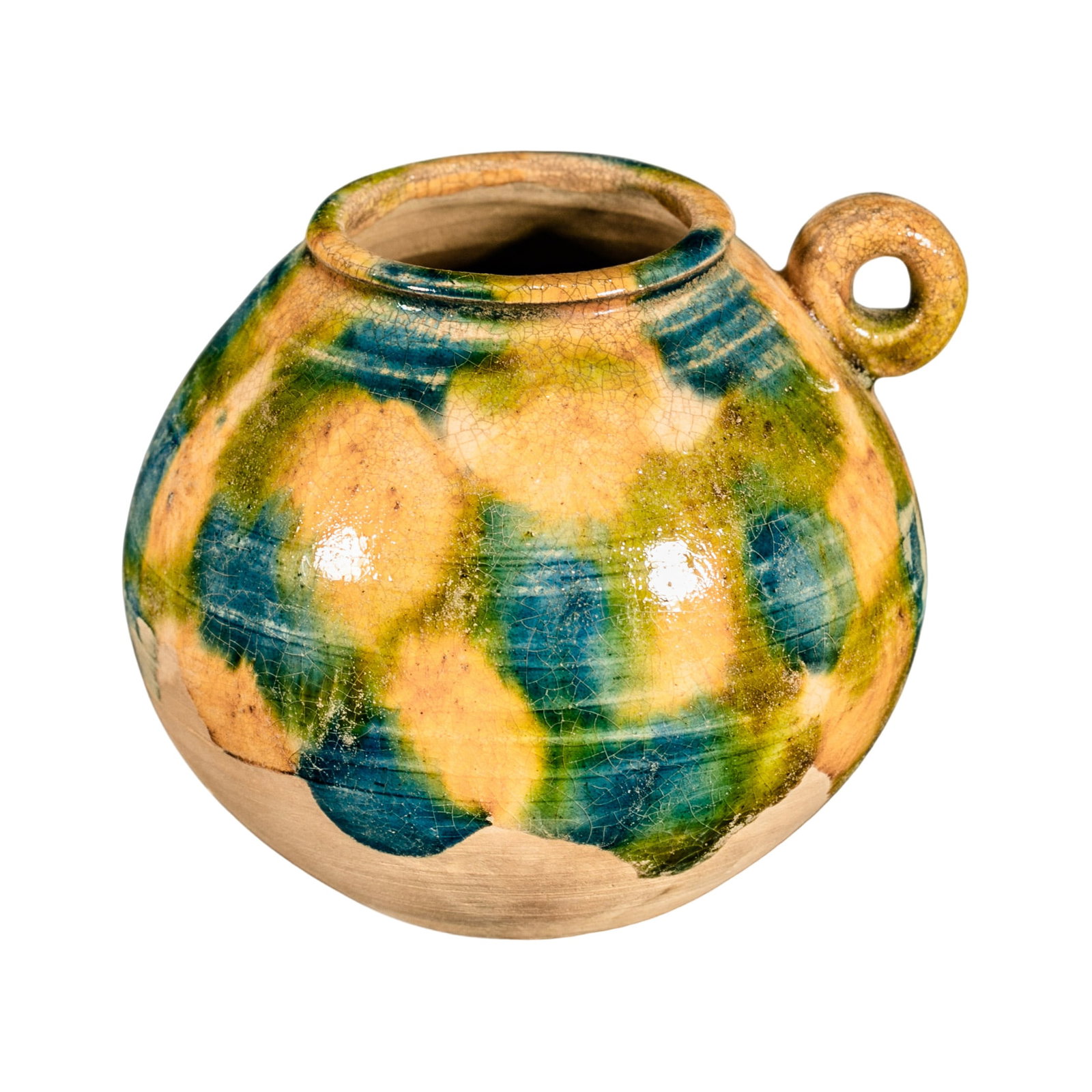 Tang Dynasty Sancai Polychrome Small Jar with Single Loop Handle (7th–8th Century): Dimensions: H. 6 cm (2.36 in / 0.20 ft), Mouth D. 3.5 cm (1.38 in / 0.11 ft), Weight: Not Provided?Condition & Provenance: The piece is in good overall condition with well-preserved glaze, natural cra