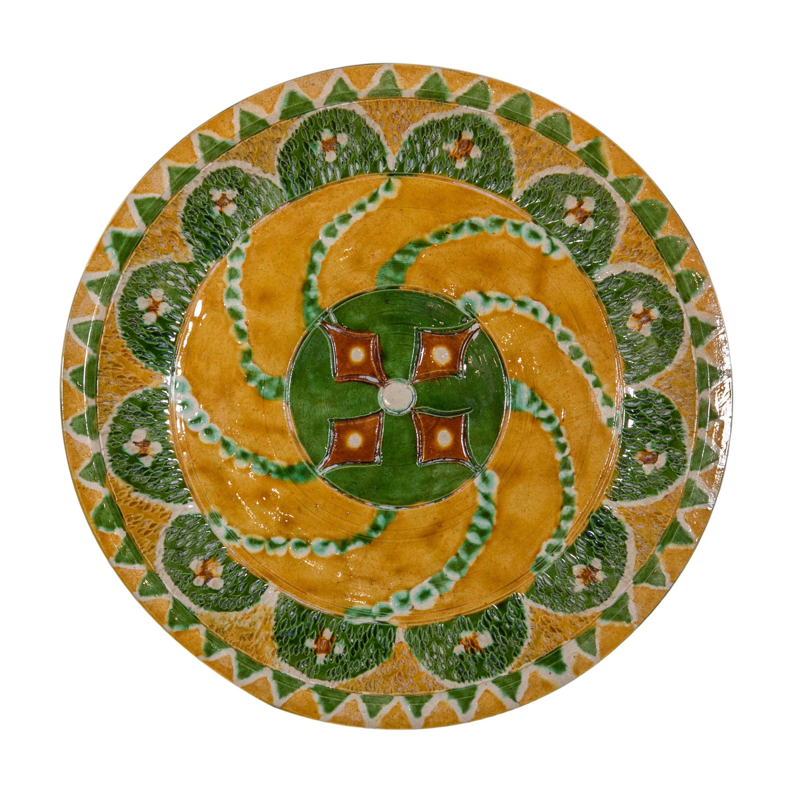 Large Liao Dynasty Sancai Molded Floral Pattern Dish: Dimensions: Liao Dynasty (907–1125 CE), Diameter 26cm (10.2in, 0.33ft)?Condition & Provenance: Good overall condition, with natural glaze crackling, areas of aged earth encrustation, and surface wea