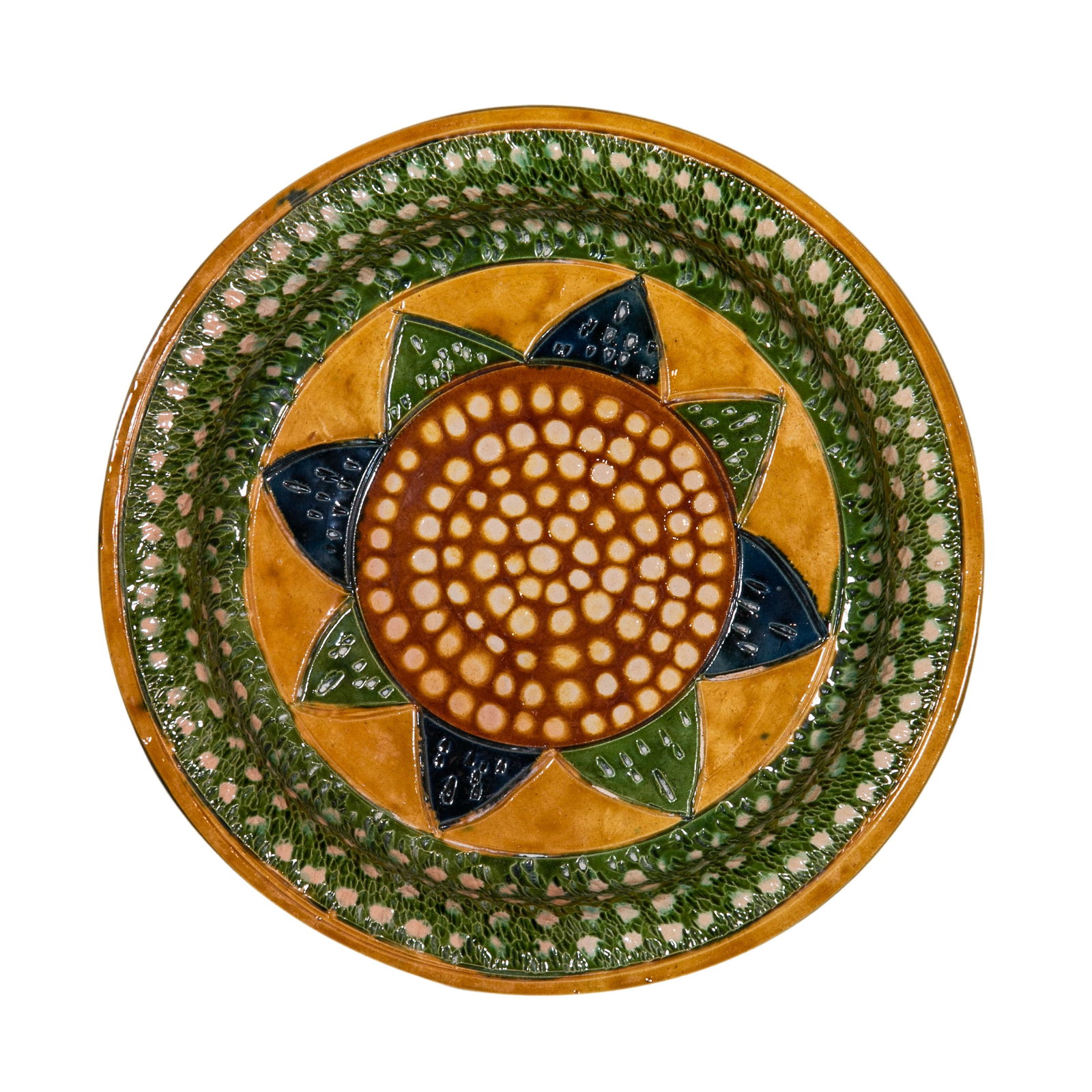 Liao Dynasty Sancai Molded Sunflower Pattern Large Dish: Dimensions: Liao Dynasty (907–1125 CE), Diameter 23.5cm (9.3in, 0.77ft)?Condition & Provenance: Good overall condition, with natural glaze crackling, aged surface wear, and traces of soil encrustati