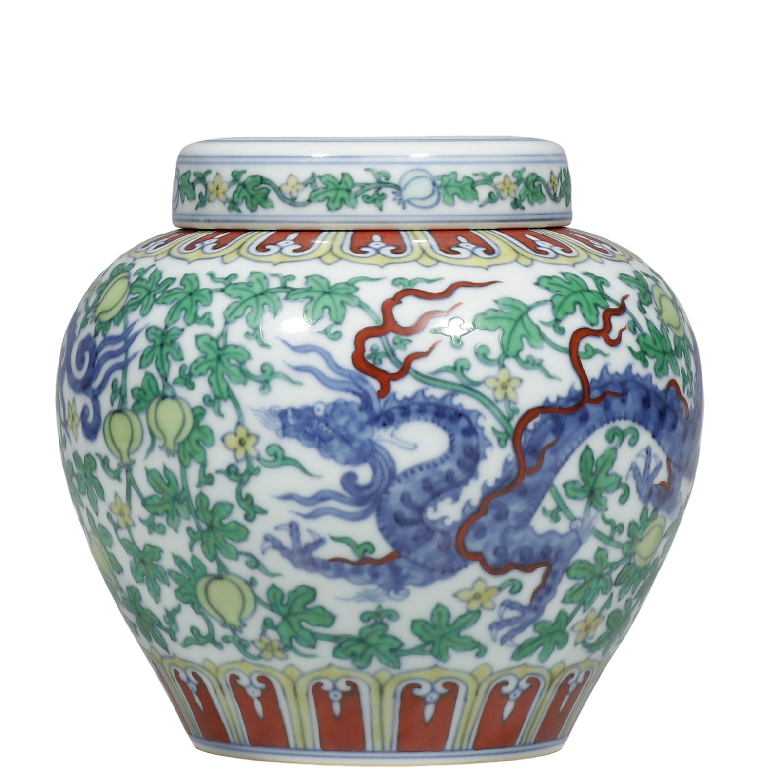 Ming Chenghua Period Doucai Heavenly?Mark Jar With Dragon And Melon Scroll Motif: Dimensions?H.16.5cm Condition & Provenance?Complete with original cover, no cracks or chips. Well?preserved doucai enamels, natural soft patina on glaze. Aged soil patina at mouth rim and foot ring. N