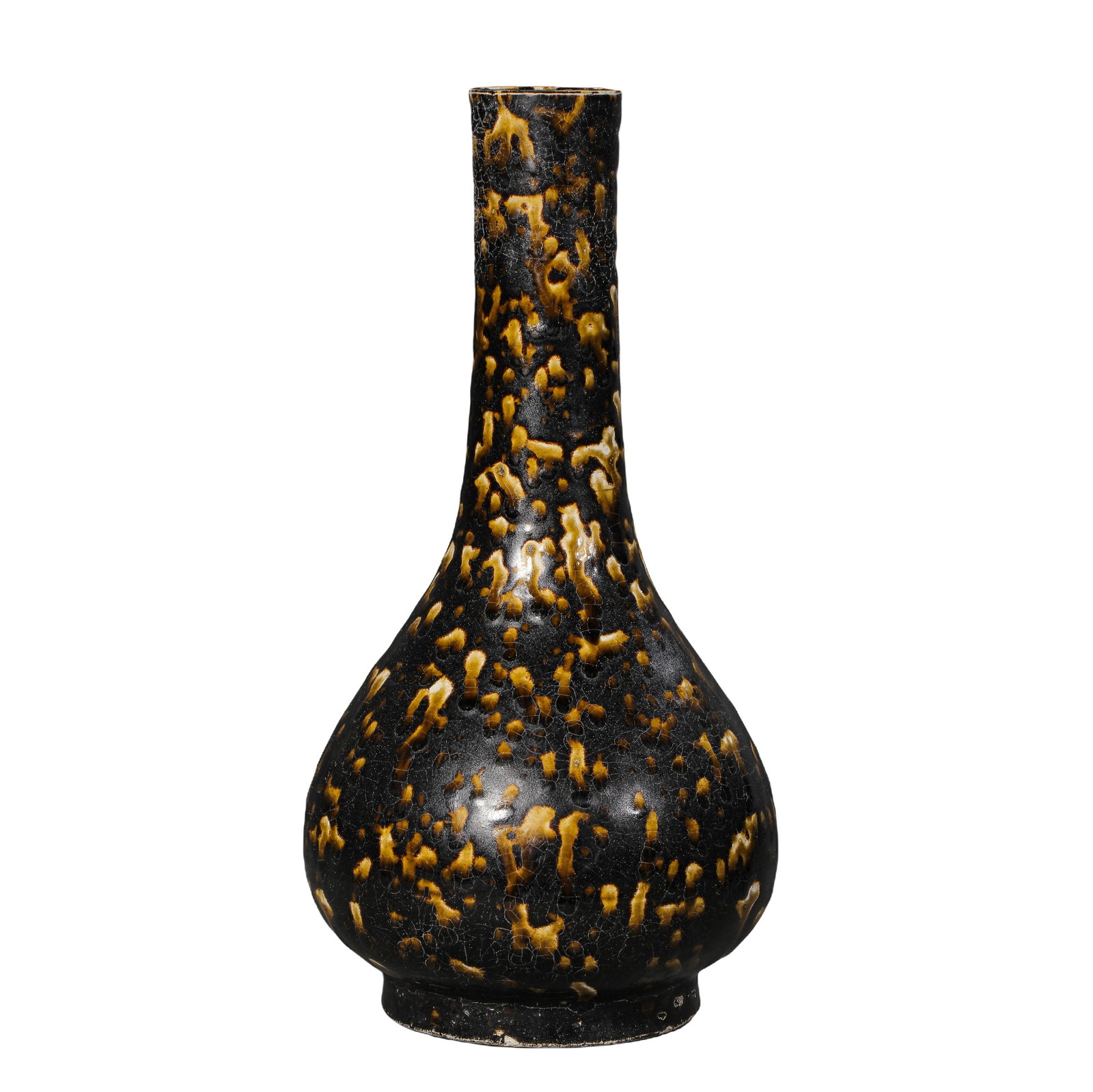 Song Dynasty Jizhou Kiln Tortoiseshell Glazed Tall-Necked Gallbladder-Shaped Vase: Dimensions: Song Dynasty (10th–13th century); Height 30 cm (11.8 in / 0.98 ft)?Condition & Provenance: The vase is preserved in complete condition with naturally formed glaze crazing and kiln-fired 