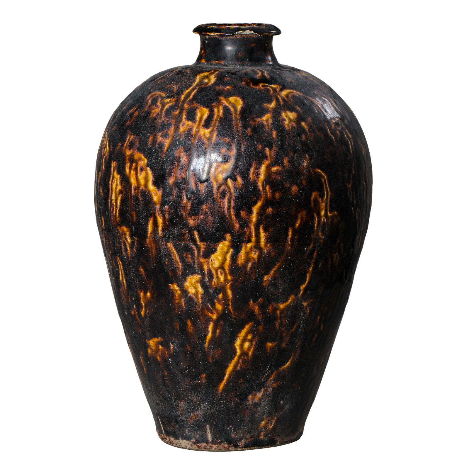 Song Dynasty Jizhou Kiln Tortoiseshell-Glazed Meiping Vase: Dimensions: Song Dynasty, 12th century, H. 34.5 cm (13.6 in, 1.13 ft)?Condition & Provenance: Good condition. The rim shows a small aged chip, and an old crack is visible on the foot, considered part 