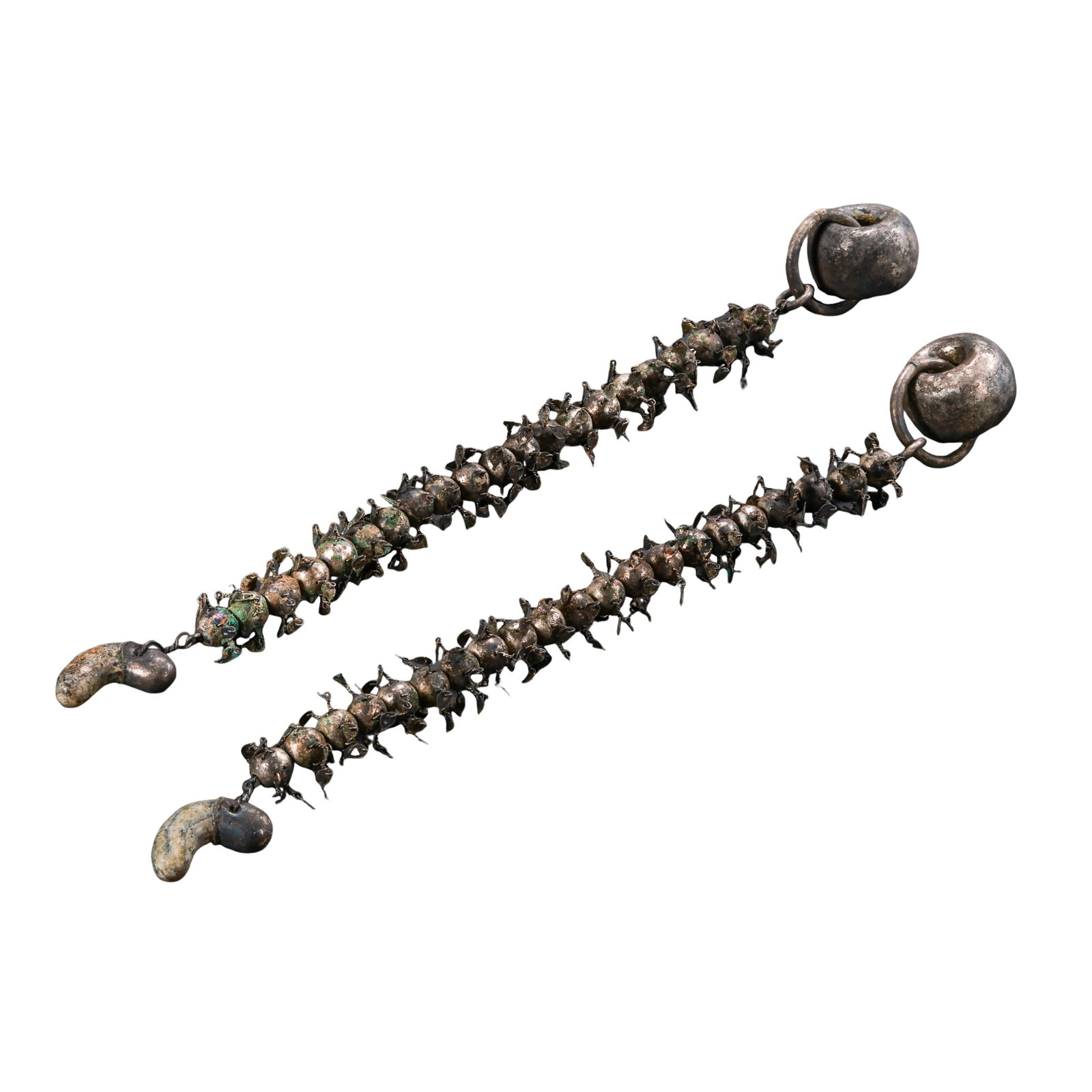 Qing Dynasty Silver Filigree Melon and Fruit Motif Earrings, Pair: Dimensions: Qing Dynasty (1644–1912) Each earring overall length 30 cm (11.81 in / 0.98 ft), pendant length 3.2 cm (1.26 in), total weight 114 g?Condition & Provenance: The pair remains well preserv