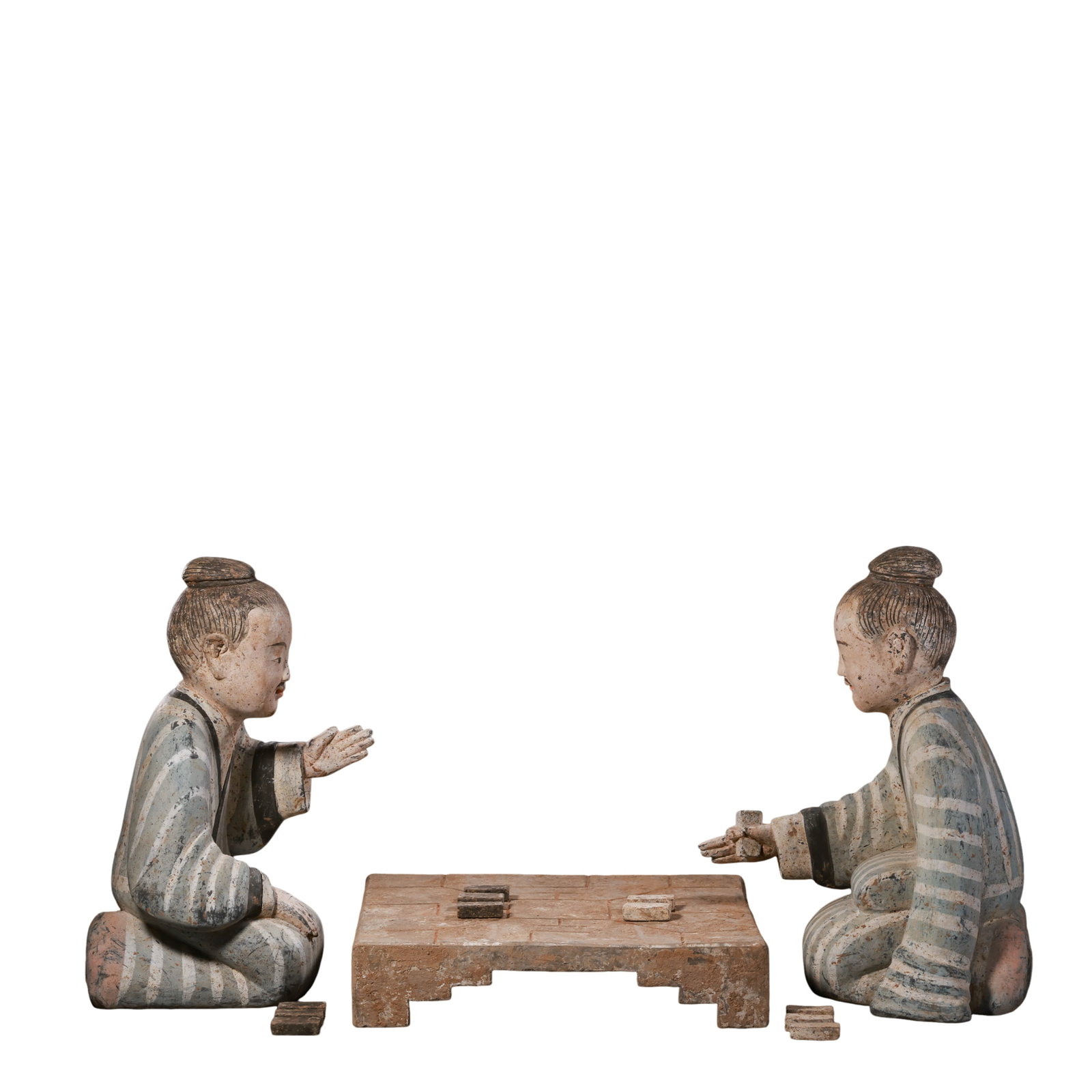 Han Dynasty Painted Pottery Gaming Figures Set with Chess Table and Playing Pieces (Complete Set): Dimensions: Han Dynasty (206 BCE–220 CE); Figure height: 35 cm (13.8 in, 0.46 ft); Chess table length: 31 cm (12.2 in, 1.02 ft)?Condition & Provenance: Overall well preserved. The original painted d