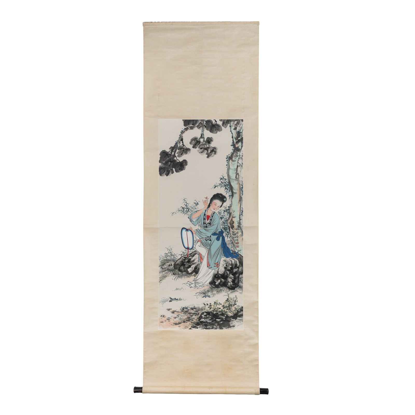 Modern Chinese Artist Hu Shuang’an “Lady beneath the Paulownia Tree?? Color on Paper Hanging: Dimensions: 20th Century; Painting size: 110.5 × 44.5 cm (43.5 × 17.5 in, 3.63 × 1.46 ft)?Condition & Provenance: Original mounting with traditional hanging scroll format. The painting remains in g