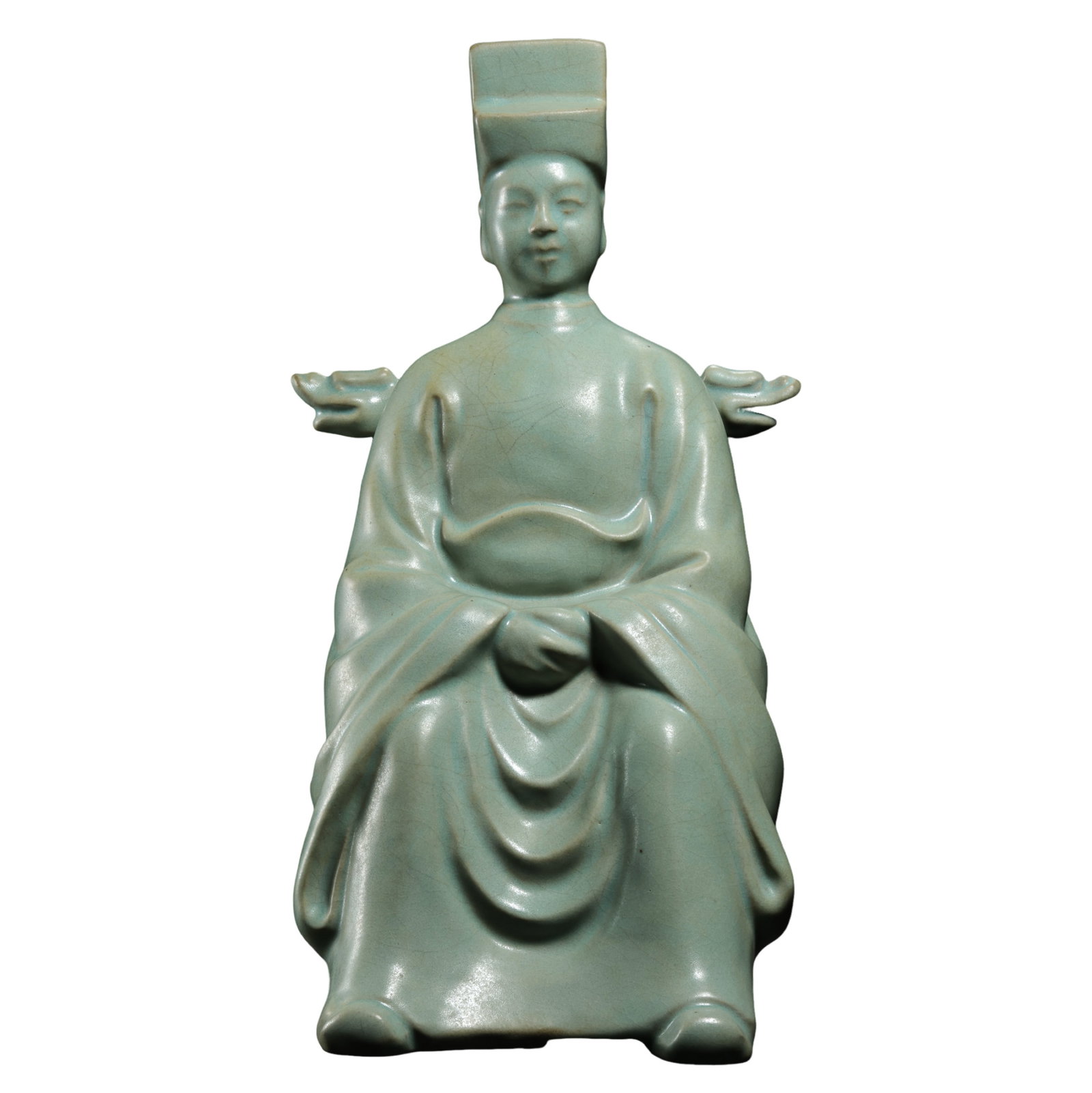 Northern Song Dynasty Ru Kiln Celadon Glazed Seated Official Figure: Dimensions: Northern Song Dynasty (late 11th–early 12th century), H. 30 cm (approx. 11.8 in), W. 17 cm (approx. 6.7 in)?Condition & Provenance: The figure is preserved in good overall condition, fea