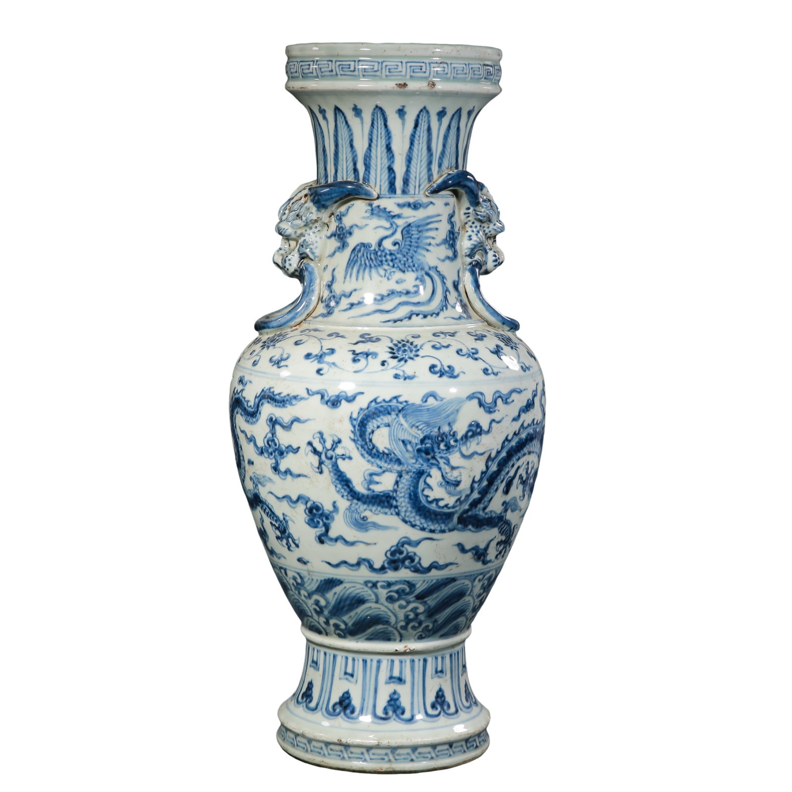 Ming Dynasty (15th–16th Century) Large Blue and White Dragon and Phoenix Motif Vase with Double: Dimensions: Height 60 cm (23.62 in), Mouth Diameter 18.1 cm (7.13 in), 15th–16th Century Ming Dynasty?Condition & Provenance: The vase remains in overall excellent condition with a complete form. Th