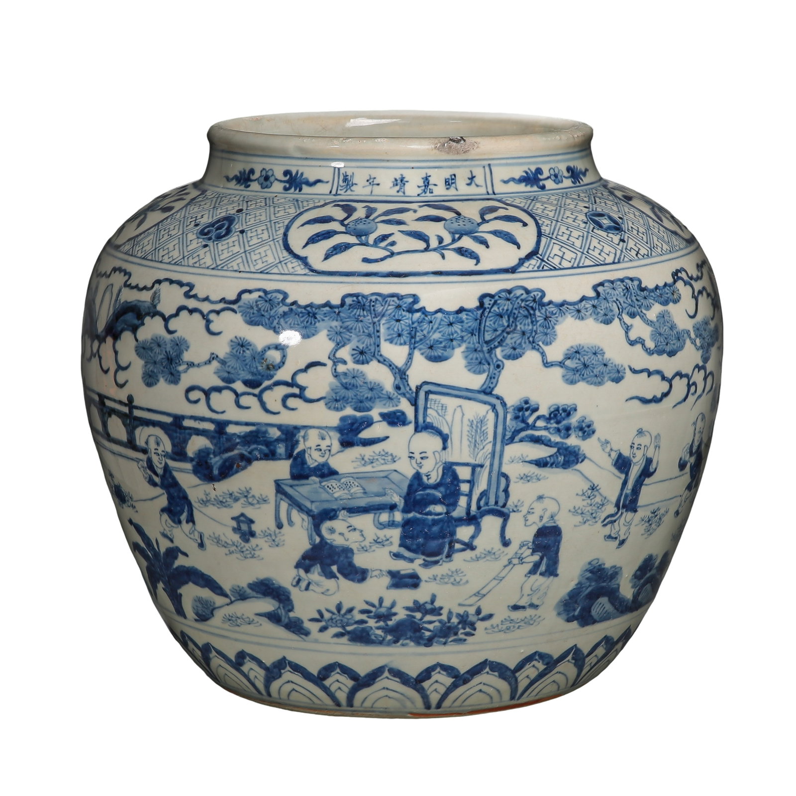 Large Ming Dynasty Jiajing Period Blue and White Jar with Children at Play Scene (16th Century, Ming: Dimensions: Height 38 cm (14.96 inches, 0.49 feet); Mouth Diameter 25.3 cm (9.96 inches, 0.83 feet)?Condition & Provenance: Good overall condition. The surface displays a soft bluish-white glaze with 