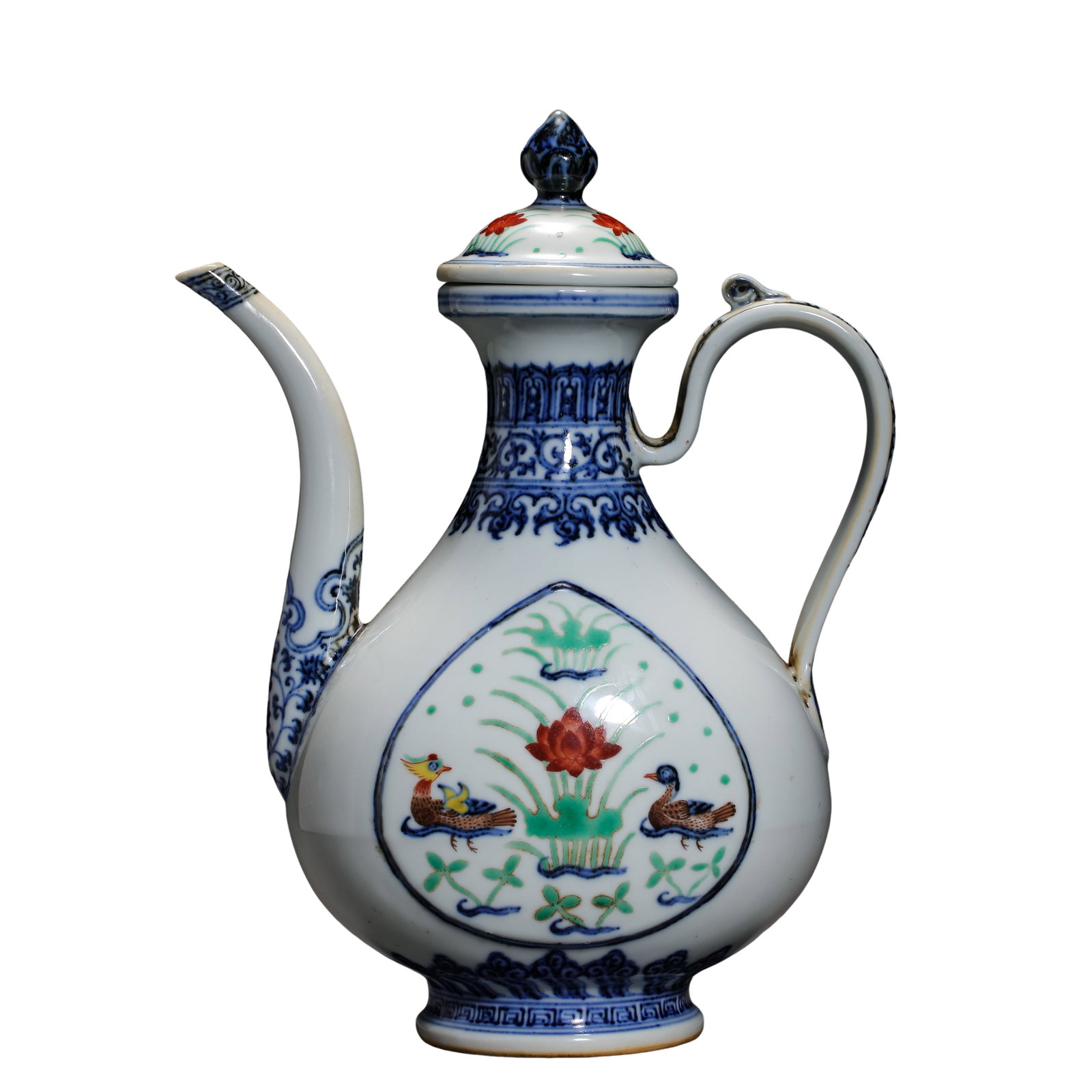 A Rare Xuande Period Blue and White with Polychrome “Mandarin Ducks and Lotus Pond?? Ewer, Ming (1 of 12)