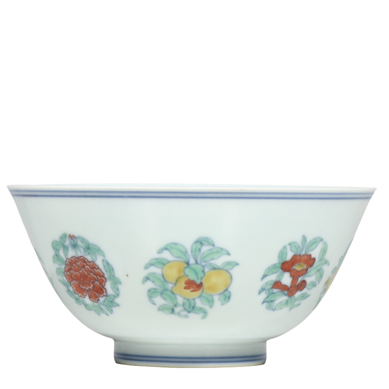 Ming Chenghua Period Doucai Bowl With Medallion Flower And Auspicious?Fruit Motif: Dimensions?Diam.16cm Condition & Provenance?Fully intact, no cracks or chips. Well?preserved enamels and glaze with natural aged patina. Ancient soil patina on unglazed foot?ring. No modern restoratio