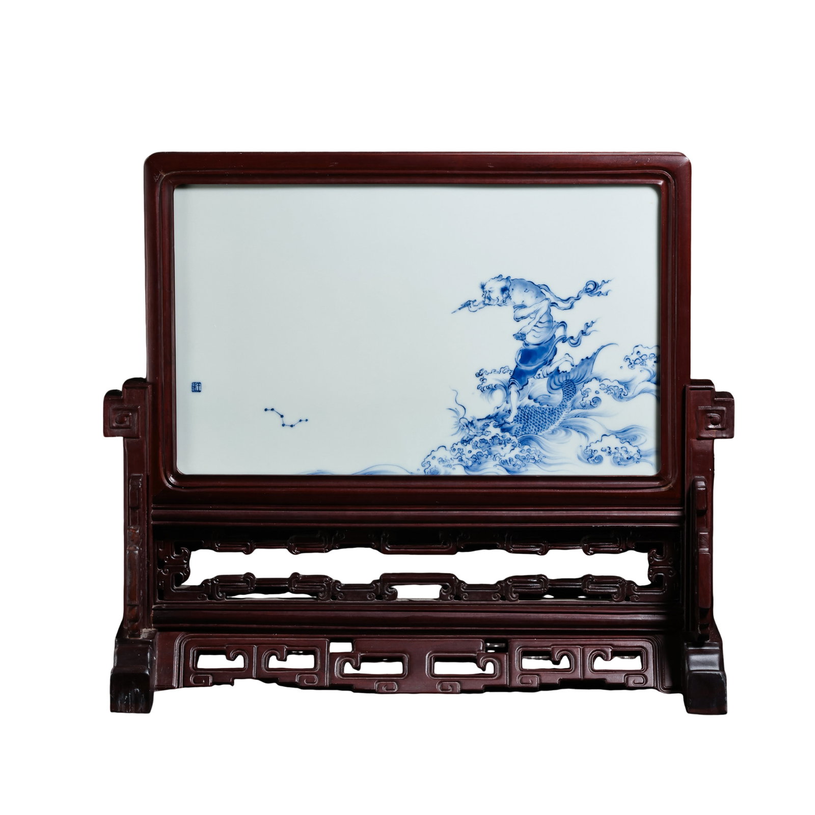Qing Dynasty, Qianlong Period (18th Century) Blue and White “Kui Xing Pointing to the Stars: Dimensions: Qing Dynasty, 18th century; Overall Height 41 cm (16.1 in), Width 47 cm (18.5 in); Porcelain Plaque 36 × 21.8 cm (14.2 × 8.6 in)?Condition & Provenance: Overall well preserved. The hongm