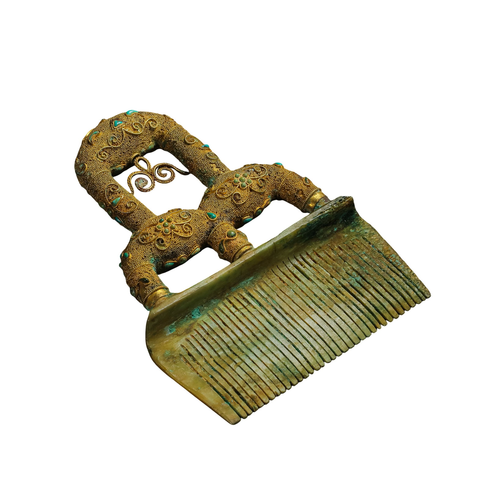 Tang Dynasty?Granulated Solid?Gold Turquoise?Inlaid Bone Comb: Dimensions: Tang Dynasty, Overall Height 12cm (4.72in), Comb Body Width 9.4cm (3.70in), Weight:79g Condition & Provenance: Fully preserved with historic mineral patina; filigree and inlaid turquoise r