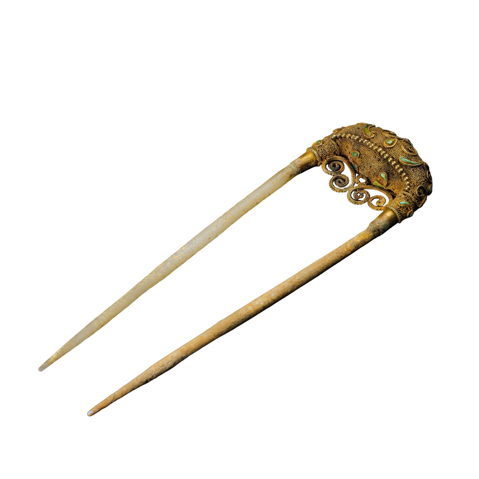 Tang Dynasty?Granulated Solid?Gold Turquoise?Inlaid Double?Prong Hetian Jade Hairpin (1 of 9)