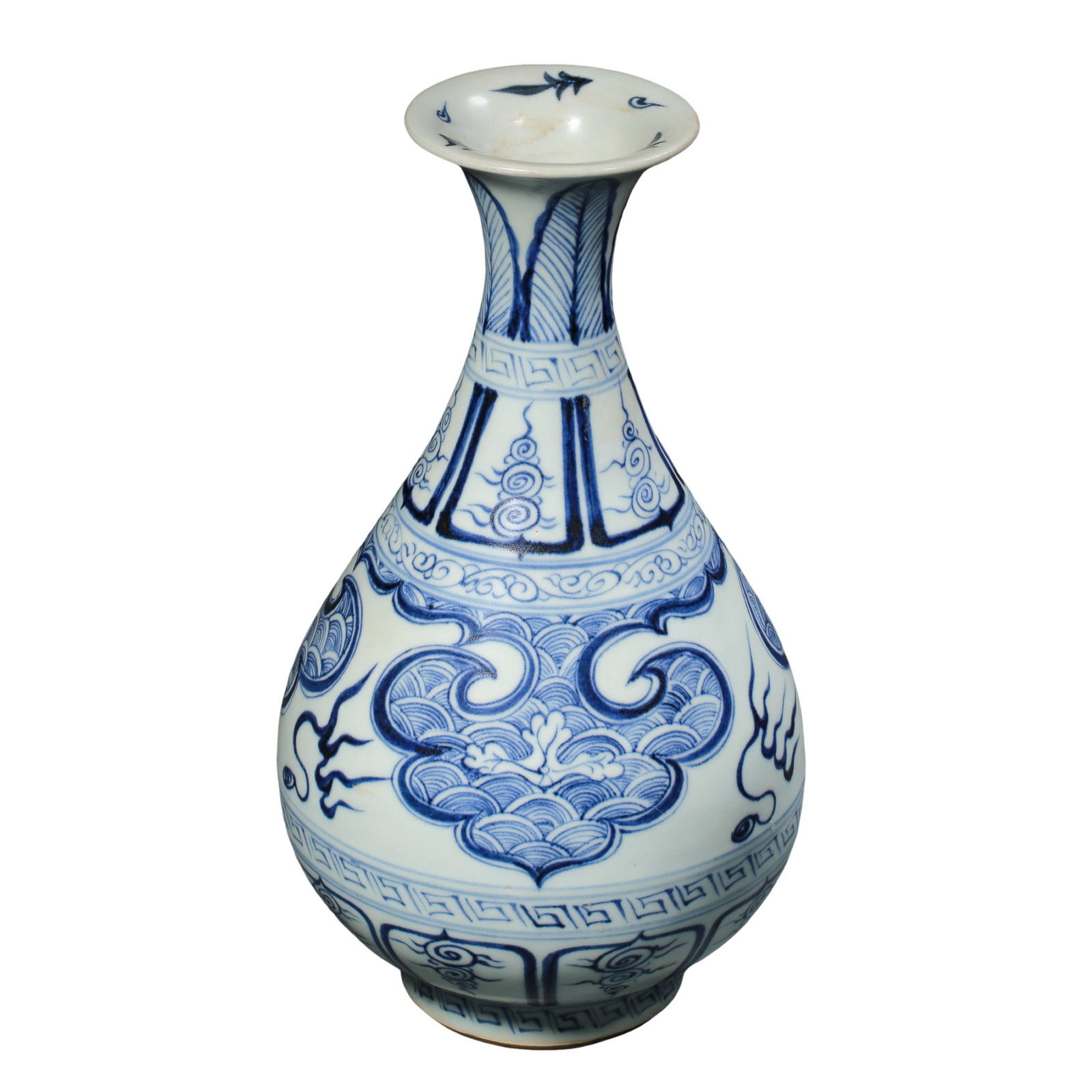 Yuan Dynasty Blue and White “Ruyi Cloud and Ocean Wave?? Yuhuchun Vase, 14th Century: Dimensions: H. 28 cm (11.0 in, 0.30 ft), Mouth Diameter 8.1 cm (3.2 in)?Condition & Provenance: The vase is preserved in good overall condition with a smooth and lustrous glaze surface. The cobalt dec