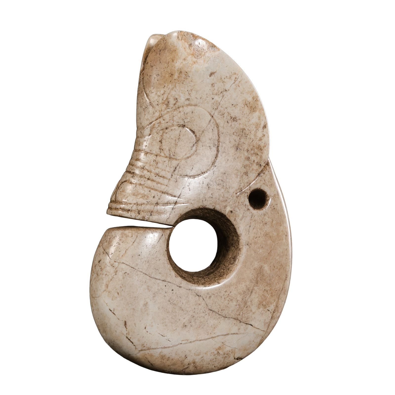 Neolithic Hongshan Culture Calcified “Chicken-Bone White?? Jade Pig-Dragon, Zhulong (7500–2900: Dimensions: H. 10.5 cm (approx. 4.13 in / 0.34 ft); W. 7 cm (approx. 2.76 in / 0.23 ft); net weight 300 g (approx. 10.58 oz); Neolithic Period, Hongshan Culture, 7500–2900 BCE?Condition & Provenance