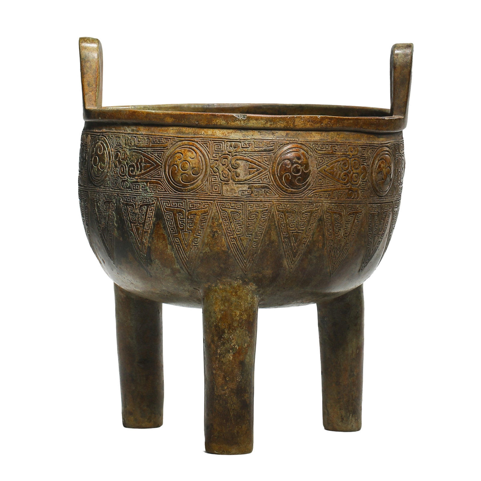 Early Western Zhou Dynasty (circa 11th Century BCE) Archaic Bronze Ding Tripod with Leiwen: Dimensions: H. 21 cm (8.3 in.), mouth diameter 17.5 cm (6.9 in.), weight 1.7 kg, 11th Century BCE?Condition & Provenance: Good condition with a complete structure, natural ancient patina, and original
