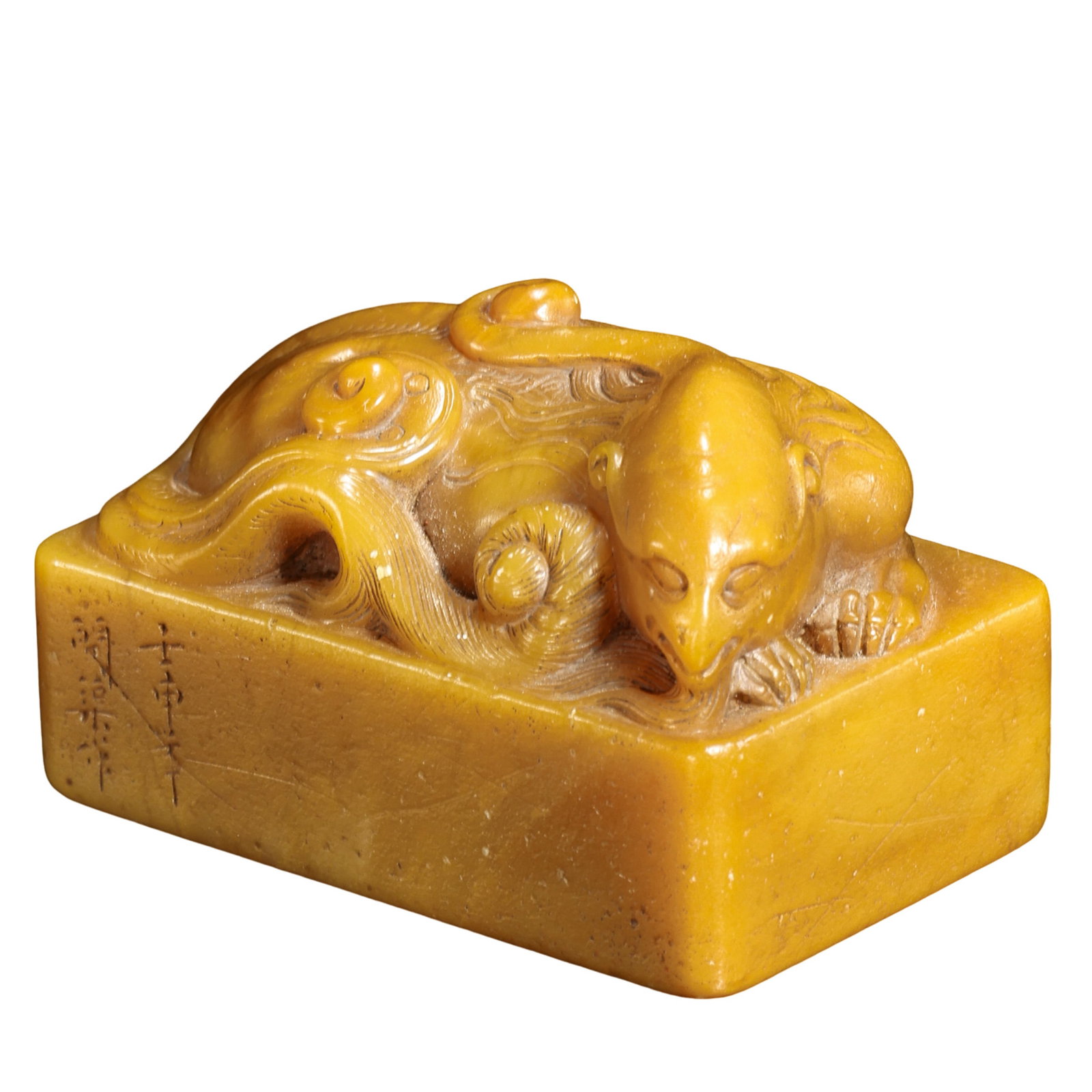Qing Dynasty, Qianlong Period (18th Century) Shoushan Stone Seal with Auspicious Mythical Beast: Dimensions: L. 5.5 cm (2.2 in.), H. 3.5 cm (1.4 in.), weight 121 g, 18th Century?Condition & Provenance: Good condition with a complete structure, refined stone quality, natural aged patina, and minor