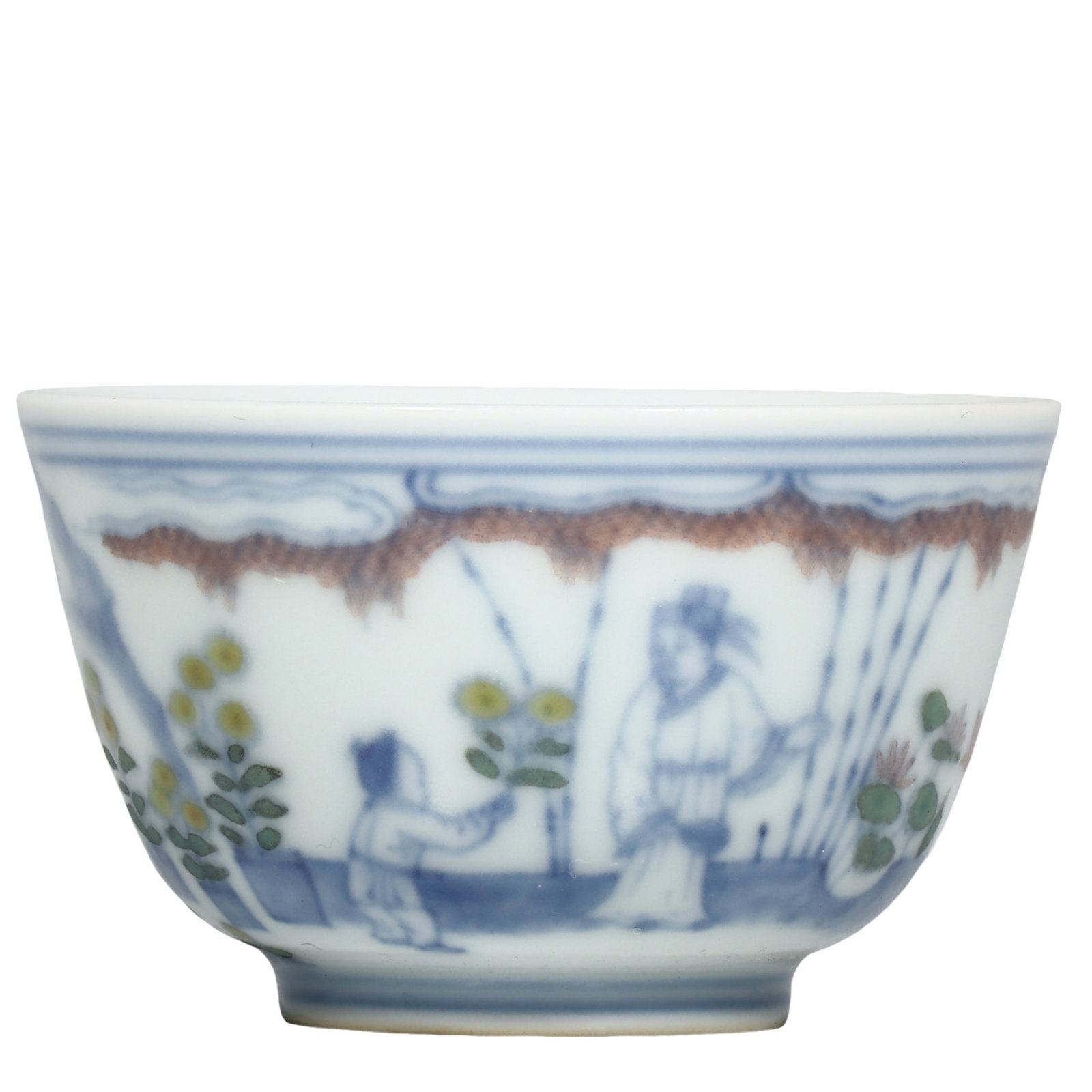 Ming Chenghua Period Doucai Cup With Courtyard Figure Story Scene: Dimensions?H.5cm?Diam.7cm Condition & Provenance?Fully intact, no cracks or chips. Glaze and enamels well?preserved with natural aged patina. Old soil patina on unglazed foot?ring. No modern restorati