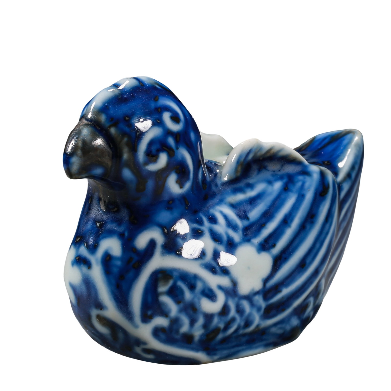 Jiajing Period, Ming Dynasty (16th Century) Blue and White Mandarin Duck Form Water Vessel: Dimensions: Length 8.5 cm (3.3 in.), Height 6 cm (2.4 in.), 16th Century?Condition & Provenance: Good condition with well-preserved structure, glossy glaze, natural iron spots, aged soil staining, and