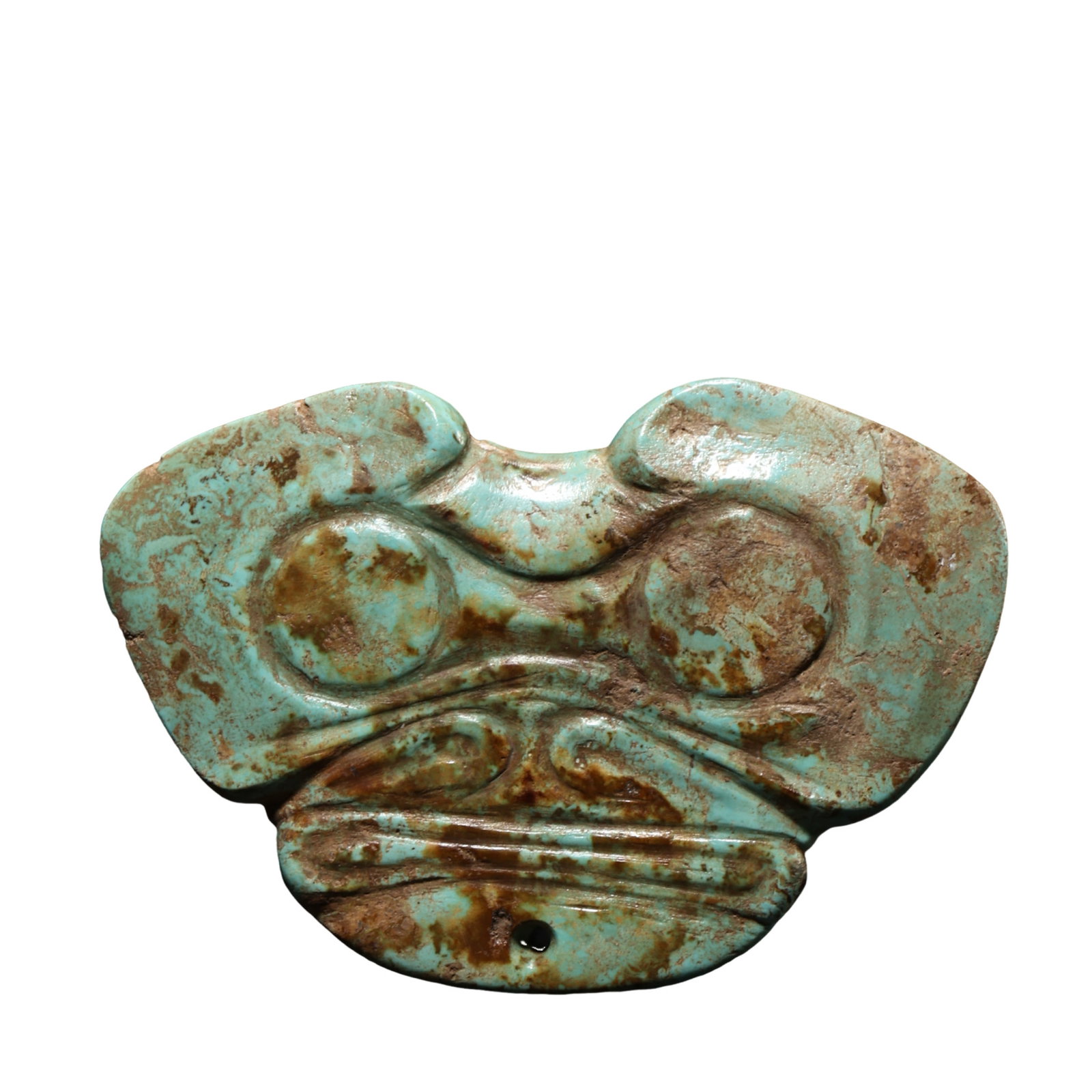 Late Shang to Early Western Zhou Dynasty (circa 13th–10th century BCE) Turquoise Taotie Mask: Dimensions: Length 6.8 cm (2.7 in.), Height 4.7 cm (1.9 in.), Weight 24 g, 13th–10th Century BCE?Condition & Provenance: The piece is in good condition, with its original surface preserved. Natural 