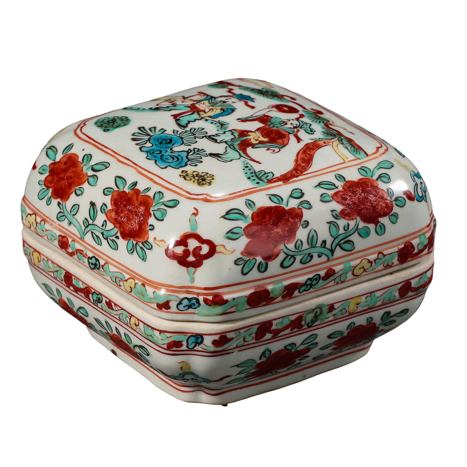Jiajing Period, Ming Dynasty (1522–1566) Wucai Polychrome Figure and Floral Decorated Square Lobed: Dimensions: Length 13 cm (5.1 in.), Height 9.5 cm (3.7 in.), 16th Century?Condition & Provenance: The piece is in good condition with the original structure preserved. The glaze remains smooth and war