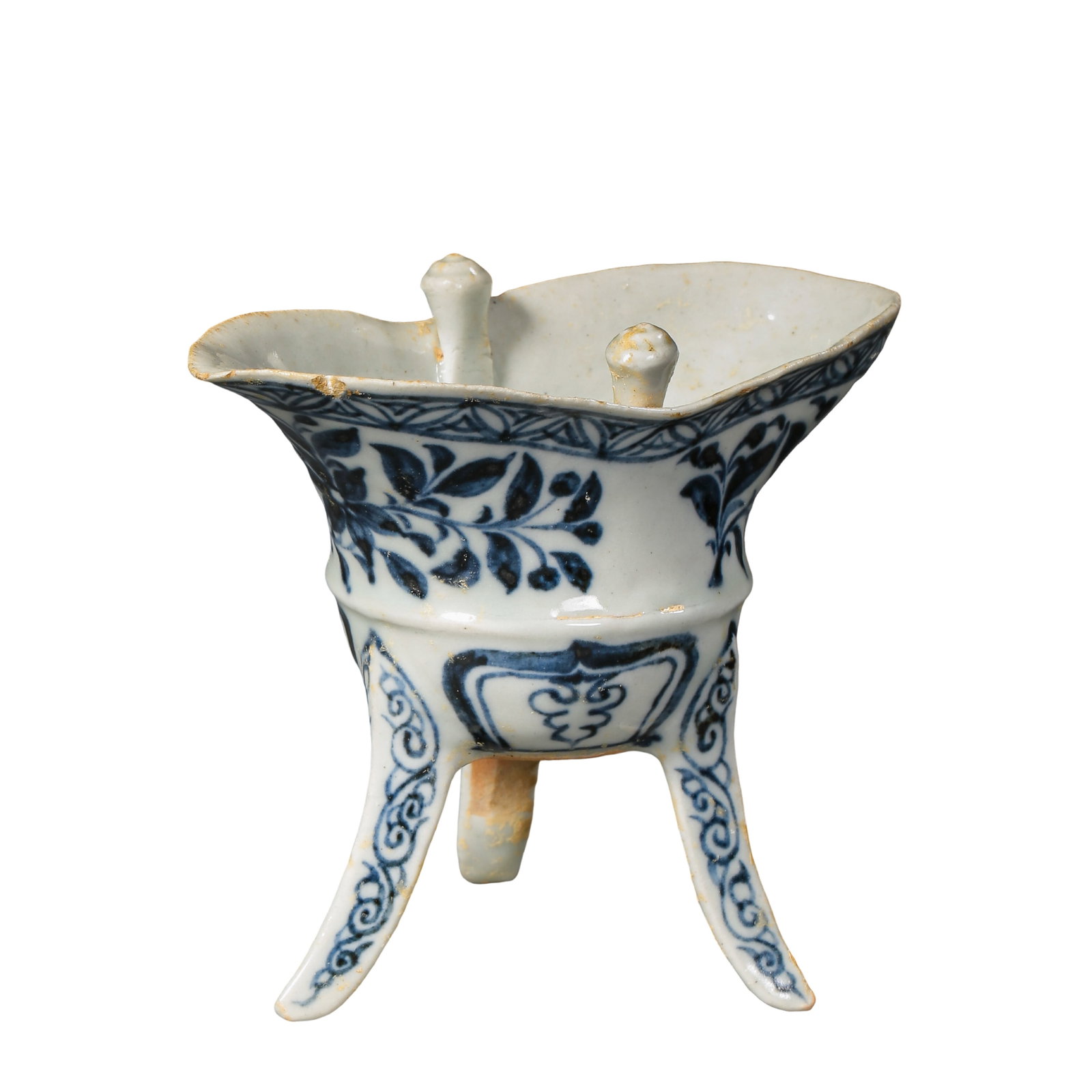 Xuande Period, Ming Dynasty (1426–1435) Blue and White Archaistic Stem Cup in the Form of an: Dimensions: Height 9.5 cm (3.7 in.), Rim Diameter 11.5 cm (4.5 in.), 15th Century?Condition & Provenance: The piece is in good condition with the original form well preserved. The glaze remains smooth