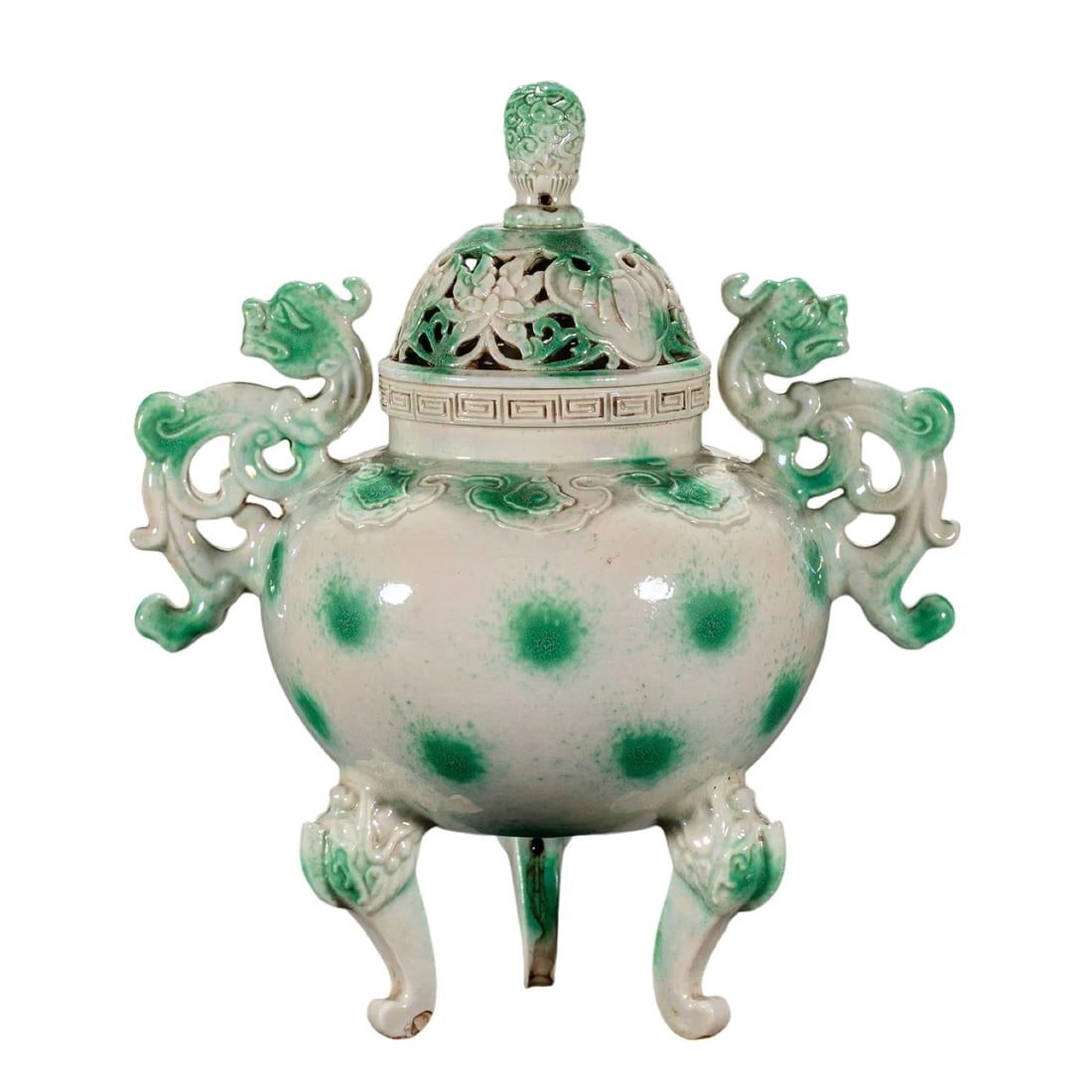 Qianlong Period, Qing Dynasty (1736–1795) White-Ground Green-Decorated Openwork Lotus Scroll: Dimensions: Height 22 cm (8.7 in.), Width 19 cm (7.5 in.), 18th Century?Condition & Provenance: The censer is in good condition with the original cover, handles, and three feet preserved. The surface 