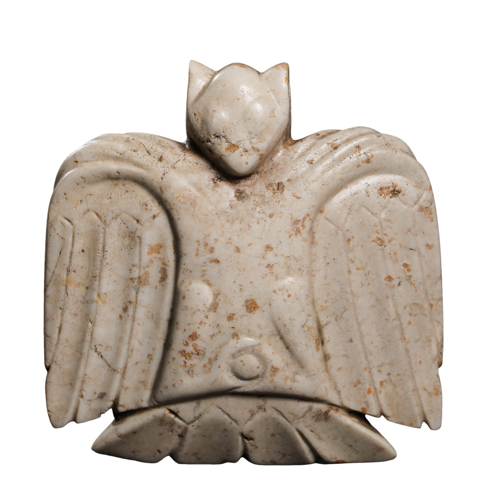 Warring States Period (475–221 BCE) Hetian Jade Owl Pendant: Dimensions: Width 6.3 cm (2.48 in), Height 6.5 cm (2.56 in), Weight 58 g, dating approximately to the 5th–3rd century BCE?Condition & Provenance: Good condition with extensive natural calcification 