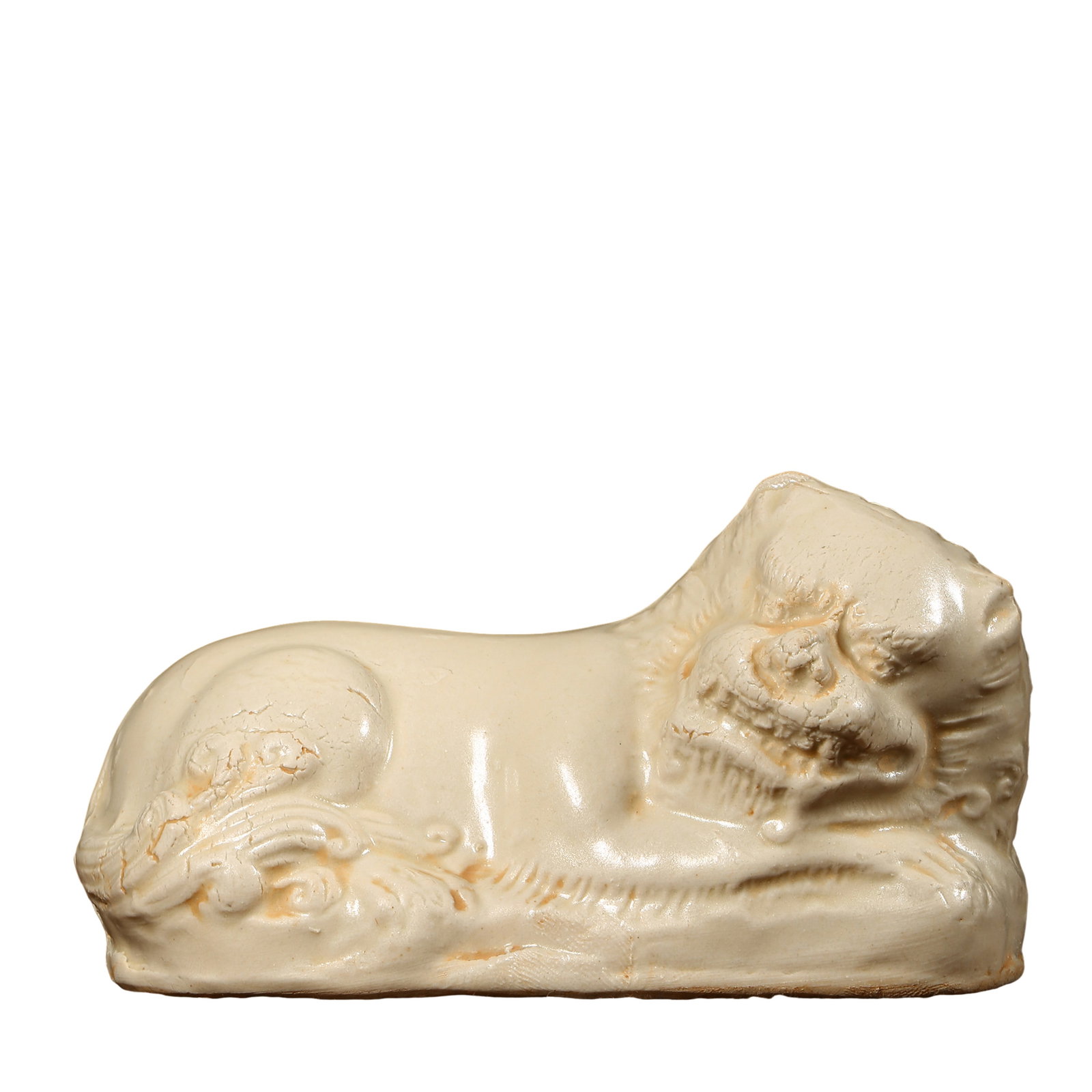 Song Dynasty (10th–13th Century) White-Glazed Lion Ceramic Paperweight Sculpture: Dimensions: Length 10.5 cm (4.13 in), Height 5.7 cm (2.24 in), 10th–13th Century?Condition & Provenance: Overall in good condition with a naturally aged surface. The warm white glaze shows fine age-