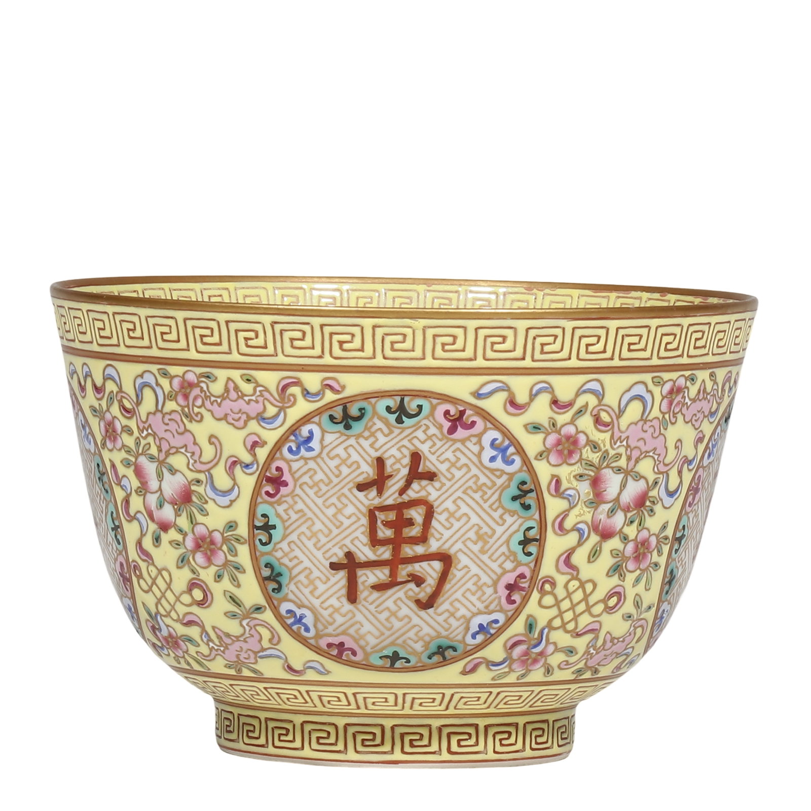 Tongzhi Period, Qing Dynasty Yellow?Ground Famille?Rose Bowl with “Wan Shou Wu Jiang: Dimensions?H.8.3cm?Diam.12.5cm Condition & Provenance?Completely intact, no cracks or chips. Enamel pigments well preserved, gilding shows minor natural age?related wear, glossy glaze, natural wear on