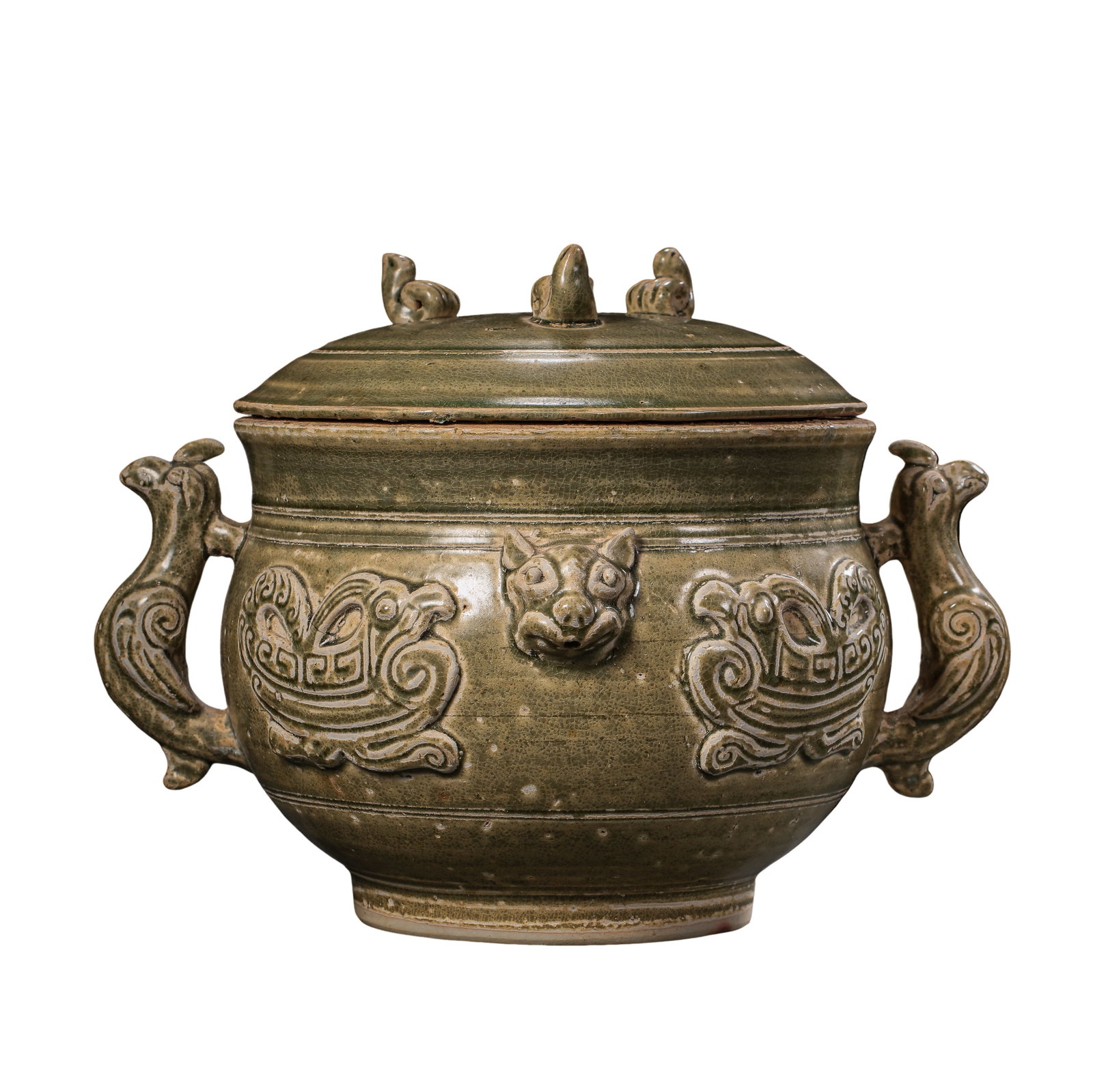 Tang Dynasty (618–907) Yue Kiln Celadon Covered Gui Vessel with Applied Beast Masks and: Size: Height 23 cm (9.1 in), Mouth Diameter 32 cm (12.6 in), 7th–10th Century?Condition & Provenance: Good overall condition with natural aging to the glaze, fine ice-crackle glaze patterns througho