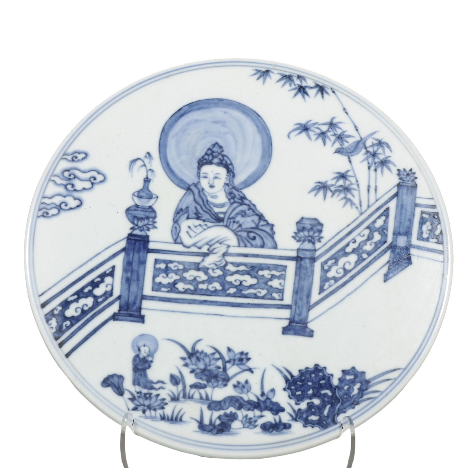 Mid?Ming Dynasty Circular Blue?and?White Porcelain Plaque with Guanyin and Boy: Dimensions?Diam.23cm Condition & Provenance?Completely intact, no cracks or chips. Well?preserved cobalt?blue tone, smooth glaze, natural earth patina and age?related traces on unglazed back, no resto