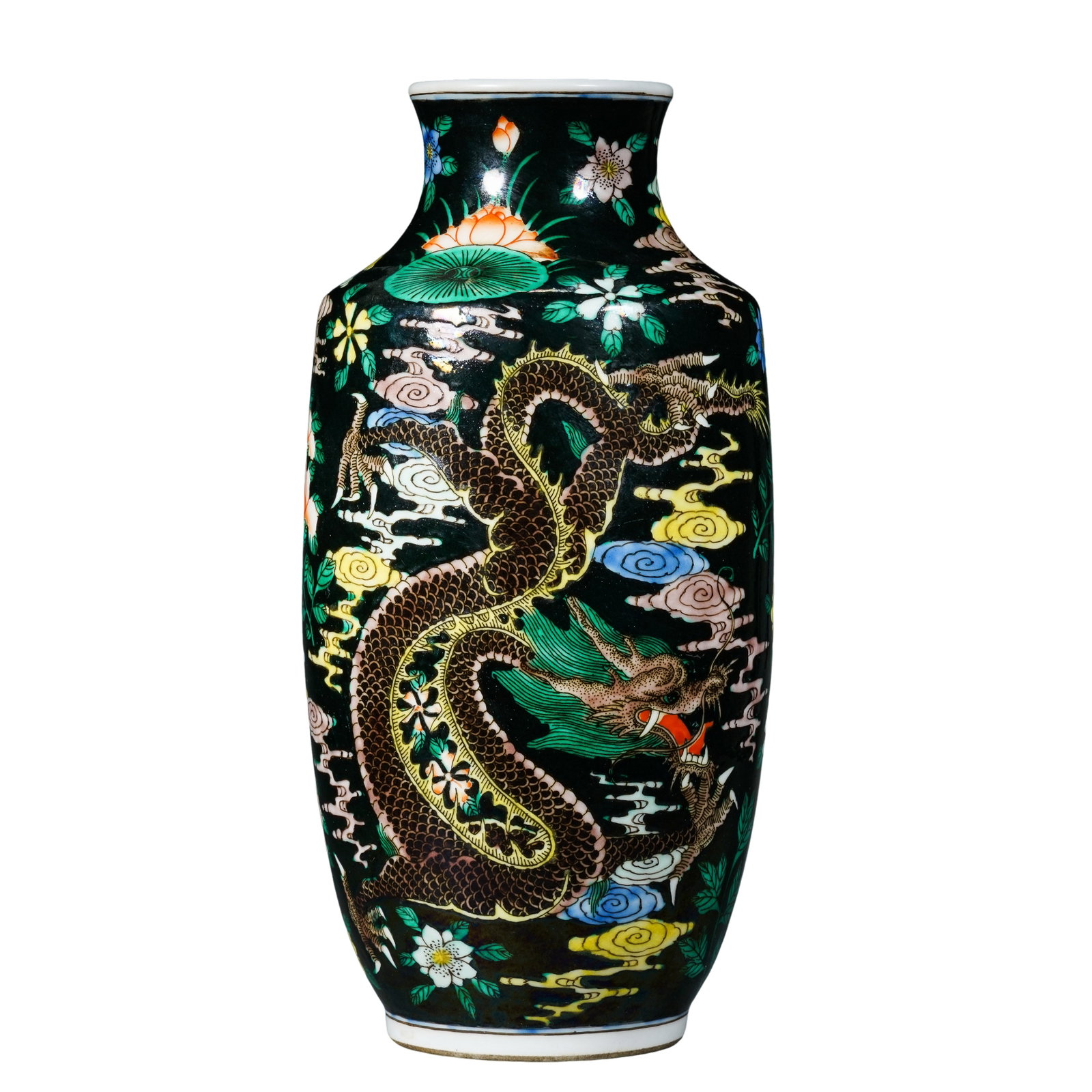 Qing Dynasty, Kangxi Period (1662–1722) Famille Verte on Black Ground Dragon and Floral Lantern: Dimensions (cm/inches | Century: 17th–18th Century): Height 27 cm (10.63 in)?Condition & Provenance: Excellent overall condition with no cracks, hairlines, chips, or restoration. The rich black grou