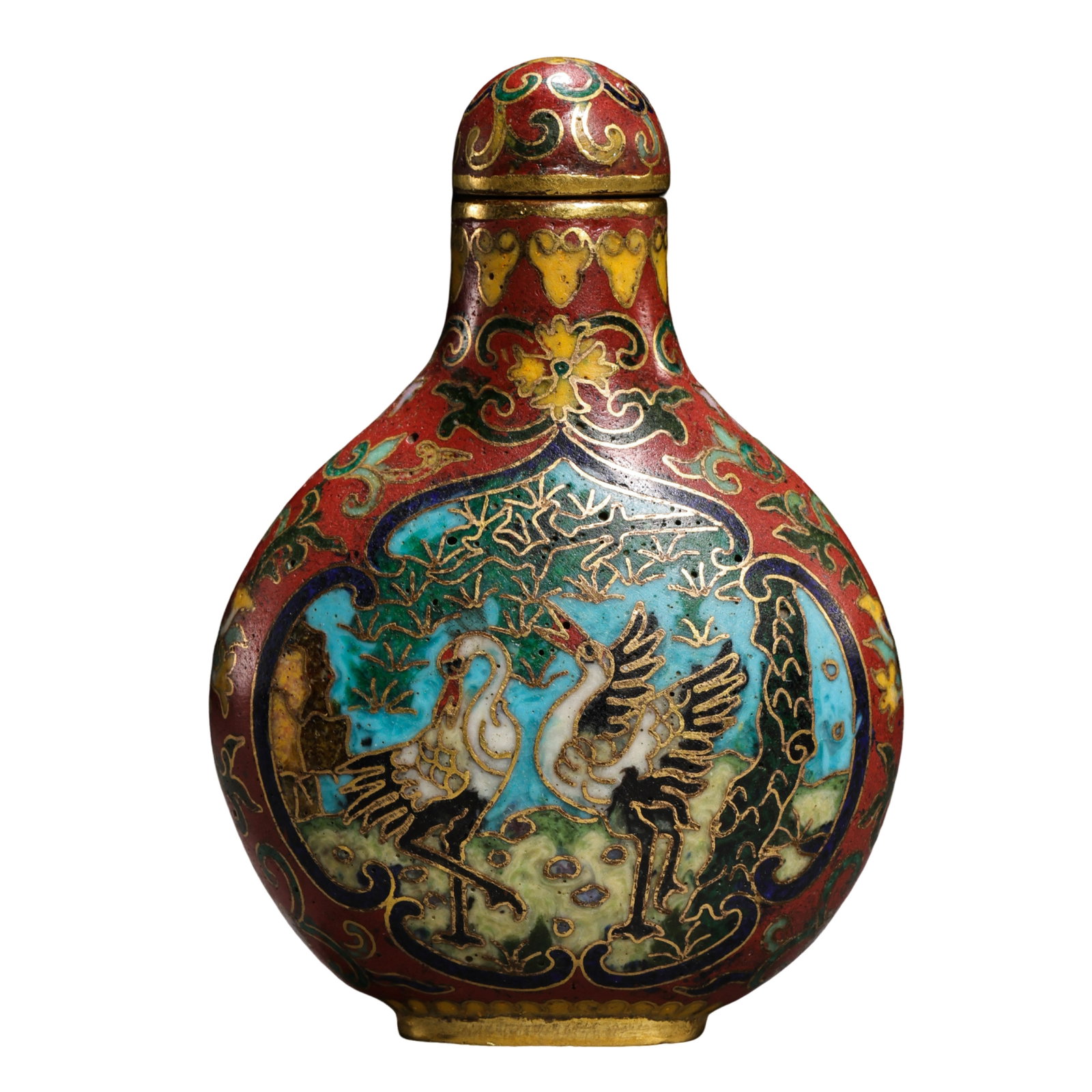 Qianlong Period (1736–1795), ing Dynasty Copper Body Cloisonné Enamel Snuff Bottle with Pine and: Dimensions: Height 6.1 cm (2.4 in), Width 4.3 cm (1.7 in), Weight 54 g; 18th Century?Condition & Provenance: Well preserved with original enamel decoration and natural age characteristics. The gilded 