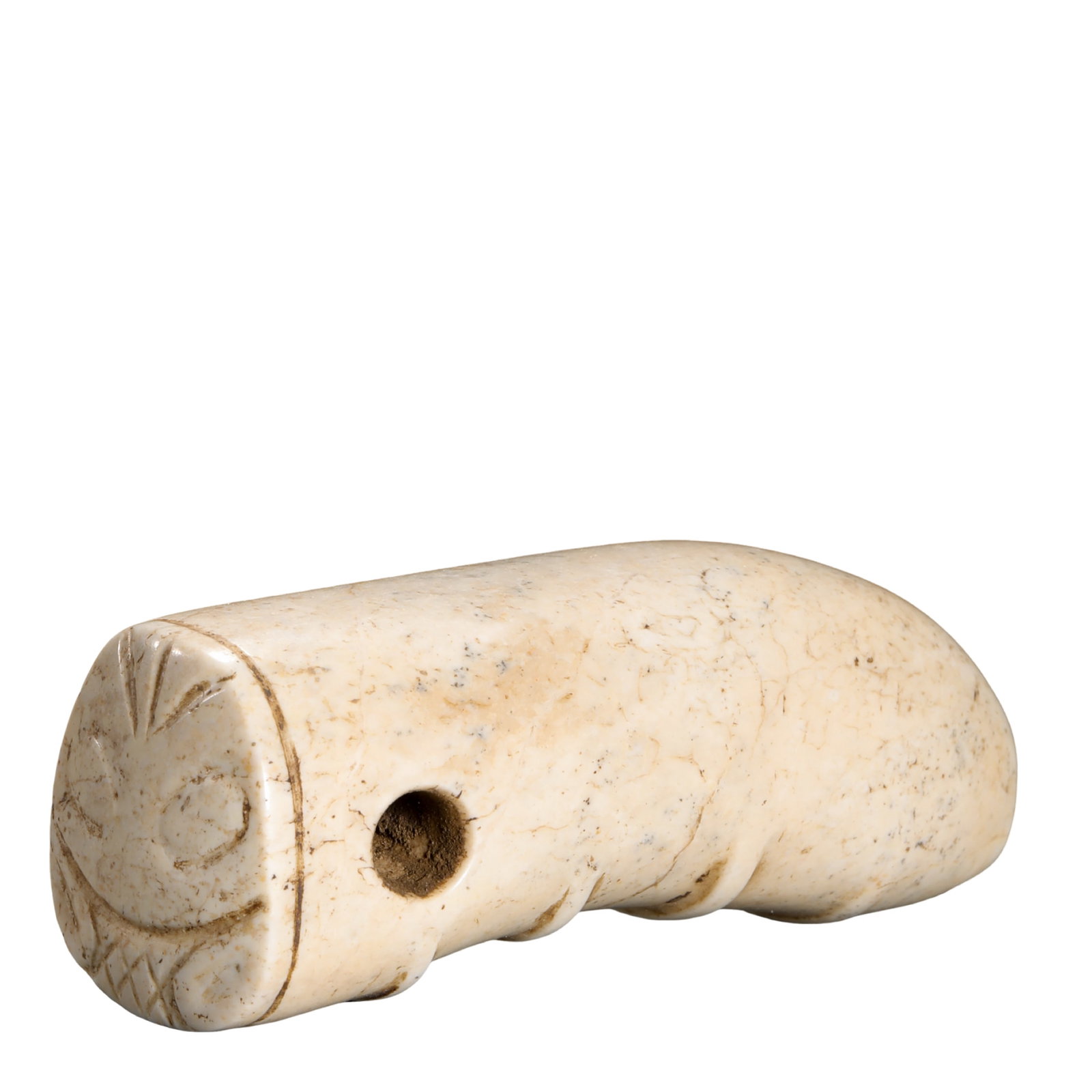 Late Neolithic to Shang–Zhou Period Calcified “Chicken-Bone White?? Jade Cicada Pendant: Dimensions: L. 5.8 cm (approx. 2.28 in / 0.19 ft); W. 2.3 cm (approx. 0.91 in / 0.08 ft); weight 45 g (approx. 1.59 oz); approximately 3000–771 BCE, 30th–8th century BCE?Condition & Provenance: Ov