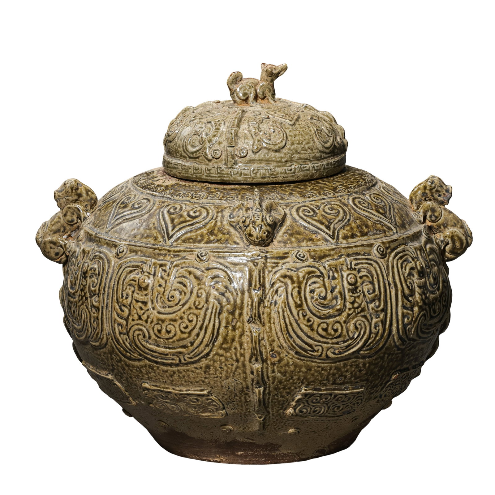 Eastern Han Dynasty (25–220 CE) Yue Celadon Large Covered Jar with Applied Beast Handles and: Dimensions: H. 36 cm (14.2 in), Dia. 42 cm (16.5 in), circa 2nd century Century?Condition & Provenance: The vessel is in good preserved condition with natural age-related surface characteristics, incl