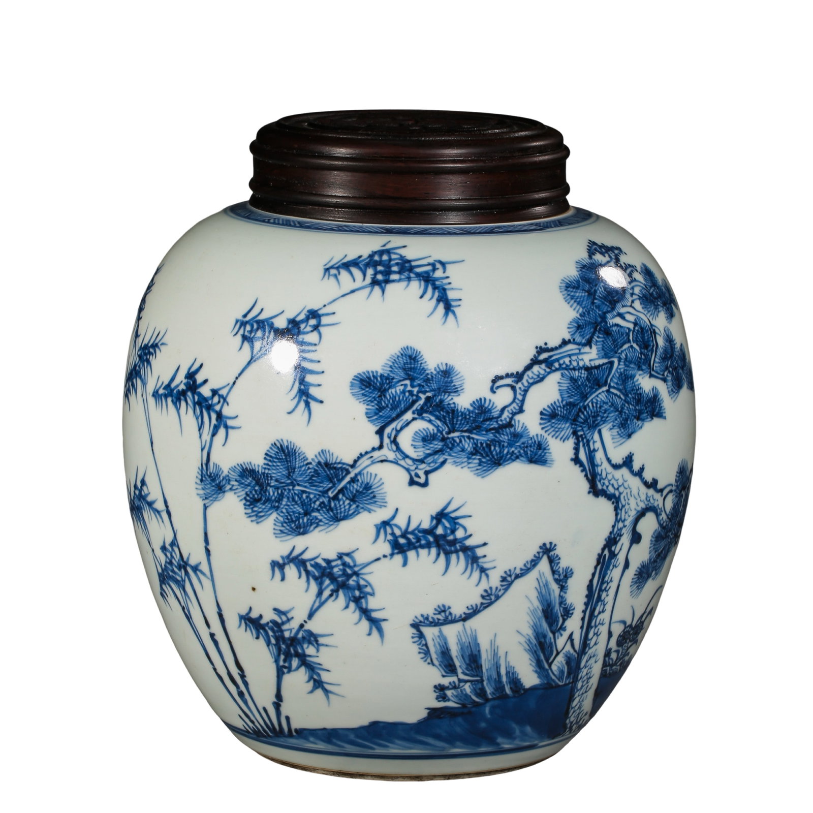 Kangxi Period, Qing Dynasty (1662–1722) Blue and White “Three Friends of Winter?? Jar with: Size: Height 23.5 cm (9.25 in), Mouth Diameter 11.5 cm (4.53 in), Late 17th–Early 18th Century?Condition & Provenance: Excellent condition with well-preserved glaze surface, accompanied by its origi