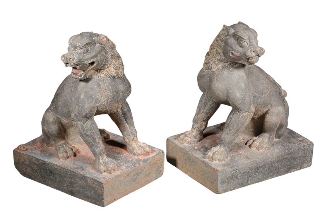 Ming Dynasty (1368–1644) Pair of Painted Bluestone Guardian Lions with Original Integral Pedestals: Dimensions (cm/inches | Century: 14th–17th Century): Each measures Height 27.5 cm (10.83 in), Length 20.3 cm (7.99 in), Width 15.7 cm (6.18 in). Complete original matching pair.Condition & Provenanc