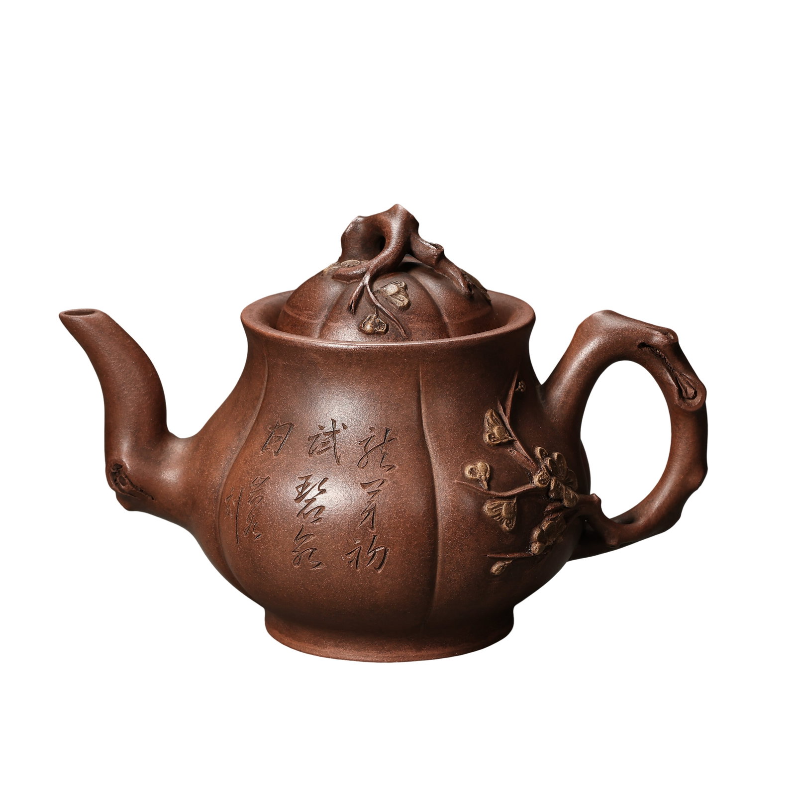 Mid to Late Qing Dynasty (19th Century) Zisha Teapot with Plum Blossom Relief Decoration,: Dimensions: Height 14 cm (5.5 in), Width 20 cm (7.9 in), 19th Century?Condition & Provenance: The teapot is well preserved with fine aged zisha clay, visible granular texture, and a naturally develope