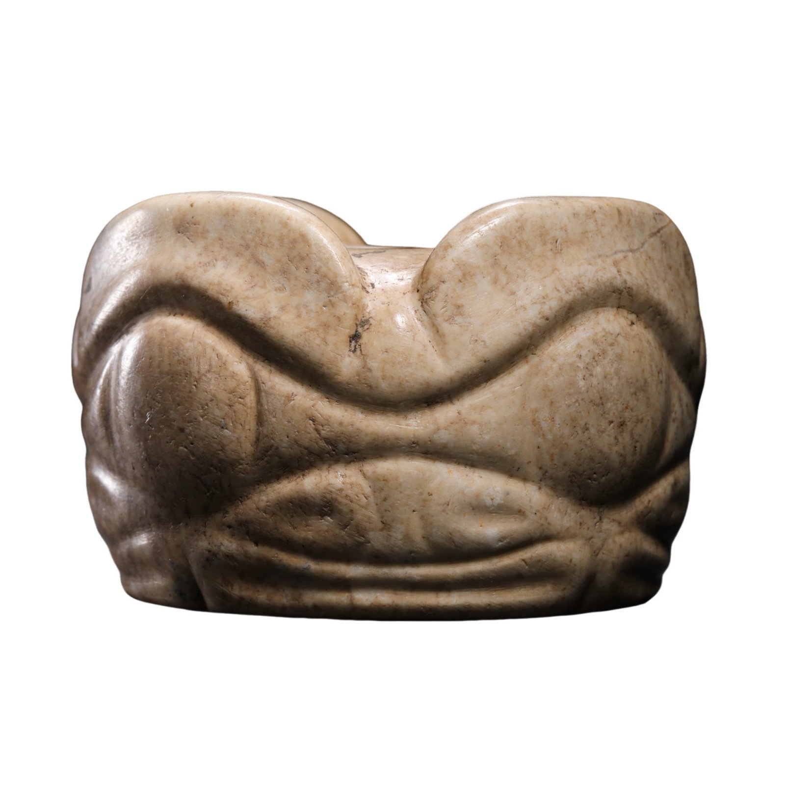 Neolithic Hongshan Culture Calcified “Chicken-Bone White?? Jade Tubular Ornament with Four Animal: Dimensions: L. 4 cm (approx. 1.57 in / 0.13 ft); H. 2.6 cm (approx. 1.02 in / 0.09 ft); weight 64 g (approx. 2.26 oz); approximately 7500–2900 BCE, 75th–29th century BCE?Condition & Provenance: Ov