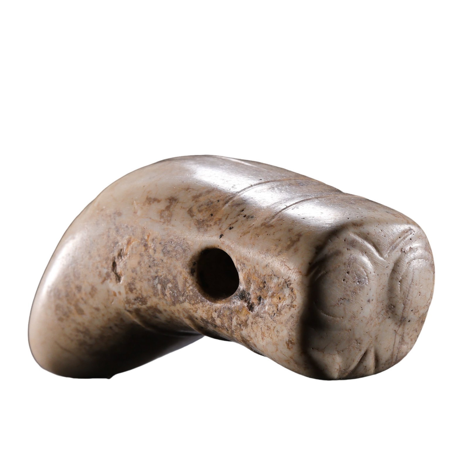 Late Neolithic Calcified “Chicken-Bone White?? Jade Silkworm-Form Pendant: Dimensions: L. 4.8 cm (approx. 1.89 in / 0.16 ft); H. 2.7 cm (approx. 1.06 in / 0.09 ft); weight 41 g (approx. 1.45 oz); approximately 3000–2000 BCE, 30th–20th century BCE?Condition & Provenance: 