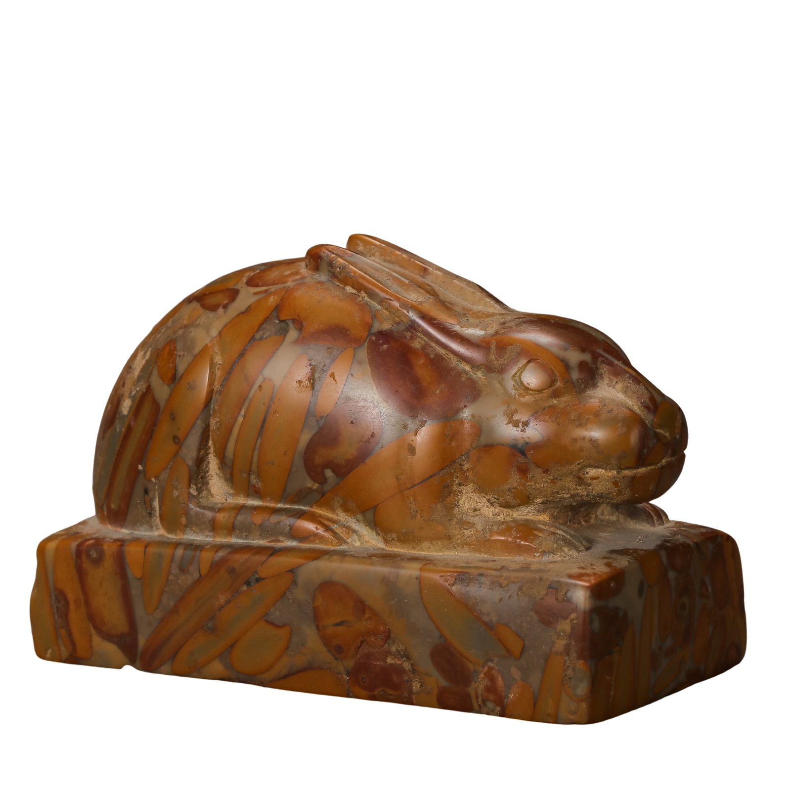 Ming Dynasty (16th Century) Multicolored Stone Seal with Reclining Rabbit Finial: Dimensions: L 9.5 cm (3.74 in), H 6 cm (2.36 in), Weight 474 g (1.05 lb), 16th Century?Condition & Provenance: Overall in good condition with a well-preserved aged surface. The seal retains a natural 